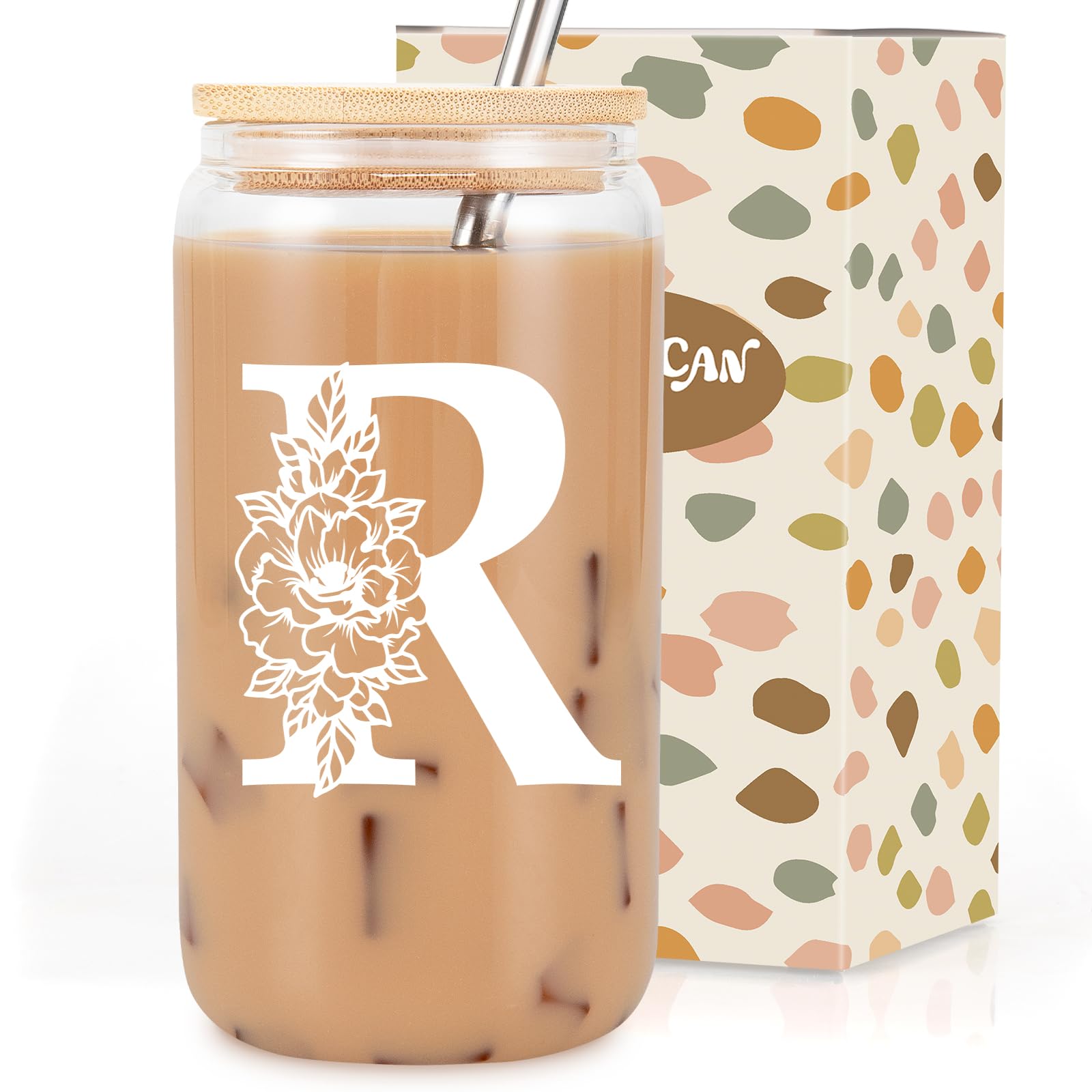Coolife Initial Glass Cup, Monogrammed Gifts for Women, 16 oz Tumbler w/Lid