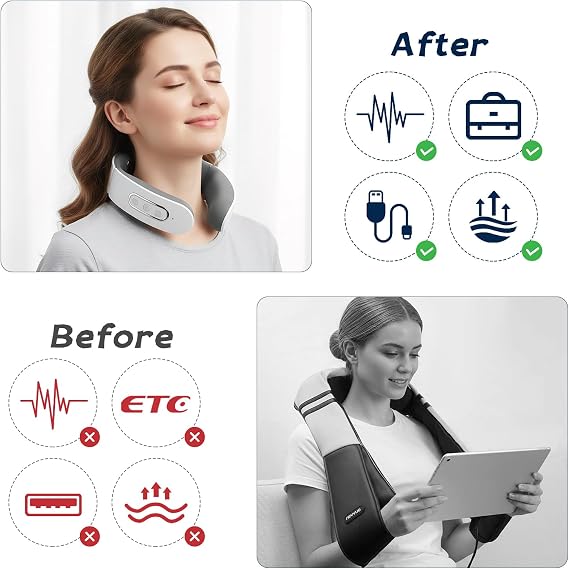 Neck Massager with 4-Head Design, Portable Electric Heated Cervical Spine Massager, 6 Modes, 9 Intensity Levels, USB Charging Neck Massage Machine for Pain, Home, Office Travel (White)
