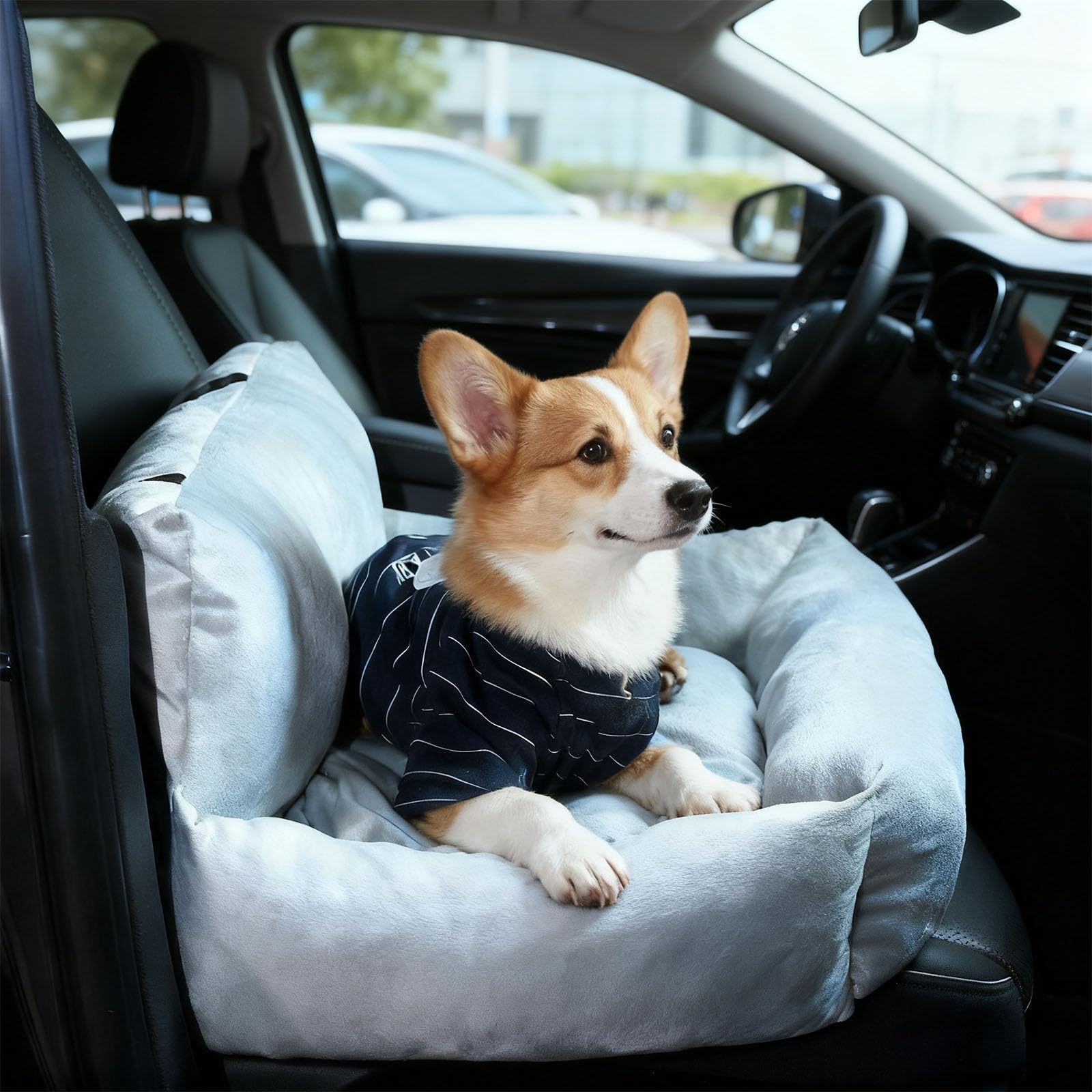 Asiento de coche para perros pequeños, 15.7 x 11.8 x 11.8 pulgadas, 40 x 30 x 30 cm, asiento para mascotas con cuerda de seguridad de doble protección, cama portátil de felpa suave para viajes en