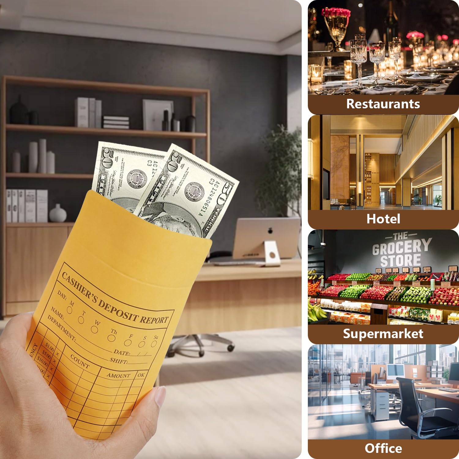 1000 sobres de dinero para dinero en efectivo con solapas engomadas, sobres de papel kraft marrón, sobres de efectivo para pequeñas empresas, caja registradora para minoristas y restaurantes, sobres