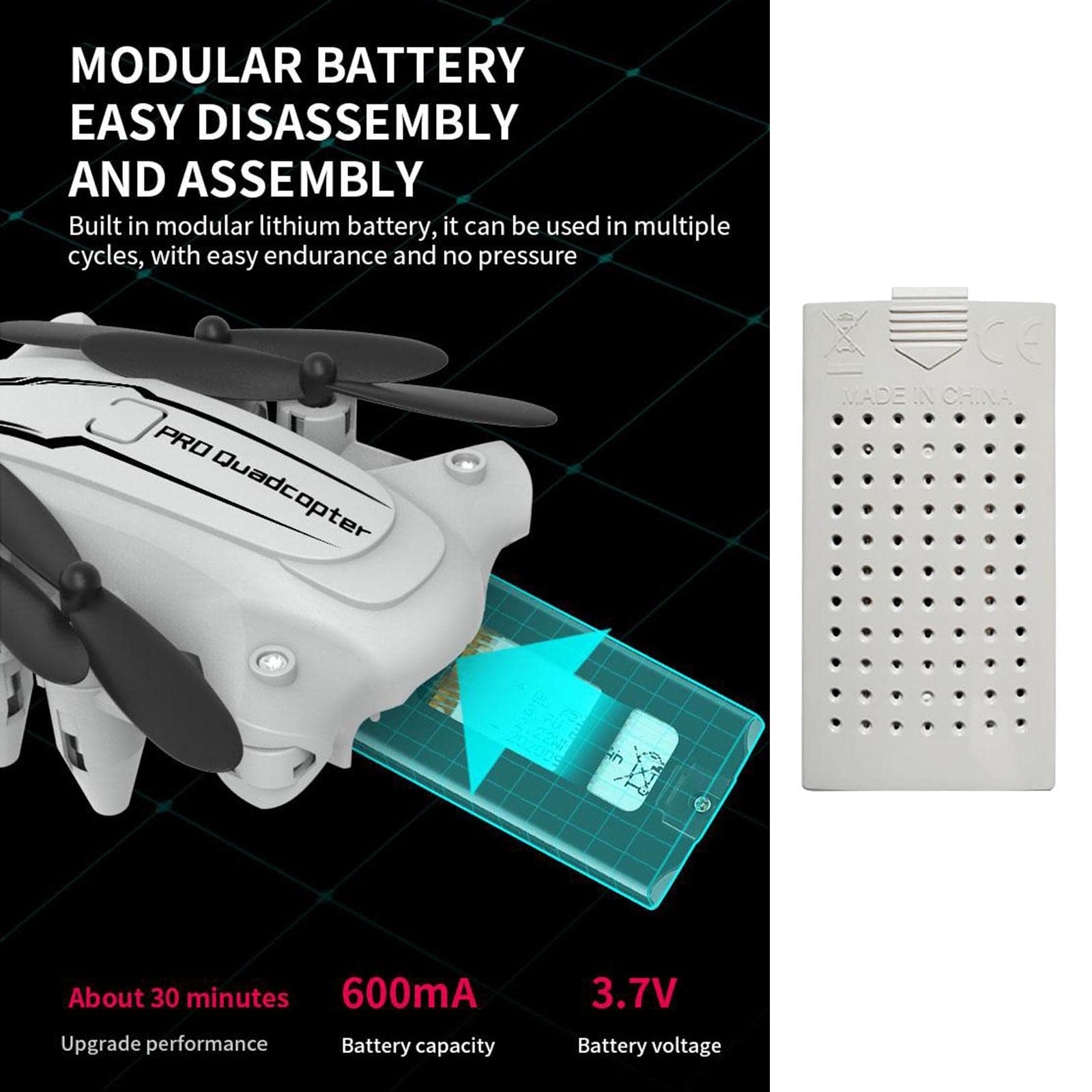 Akumulator do drona RC o dużej pojemności 3,7 V 600 mAh dla wydłużonego czasu F - bezpieczny akumulator polimerowy Lipo - biały