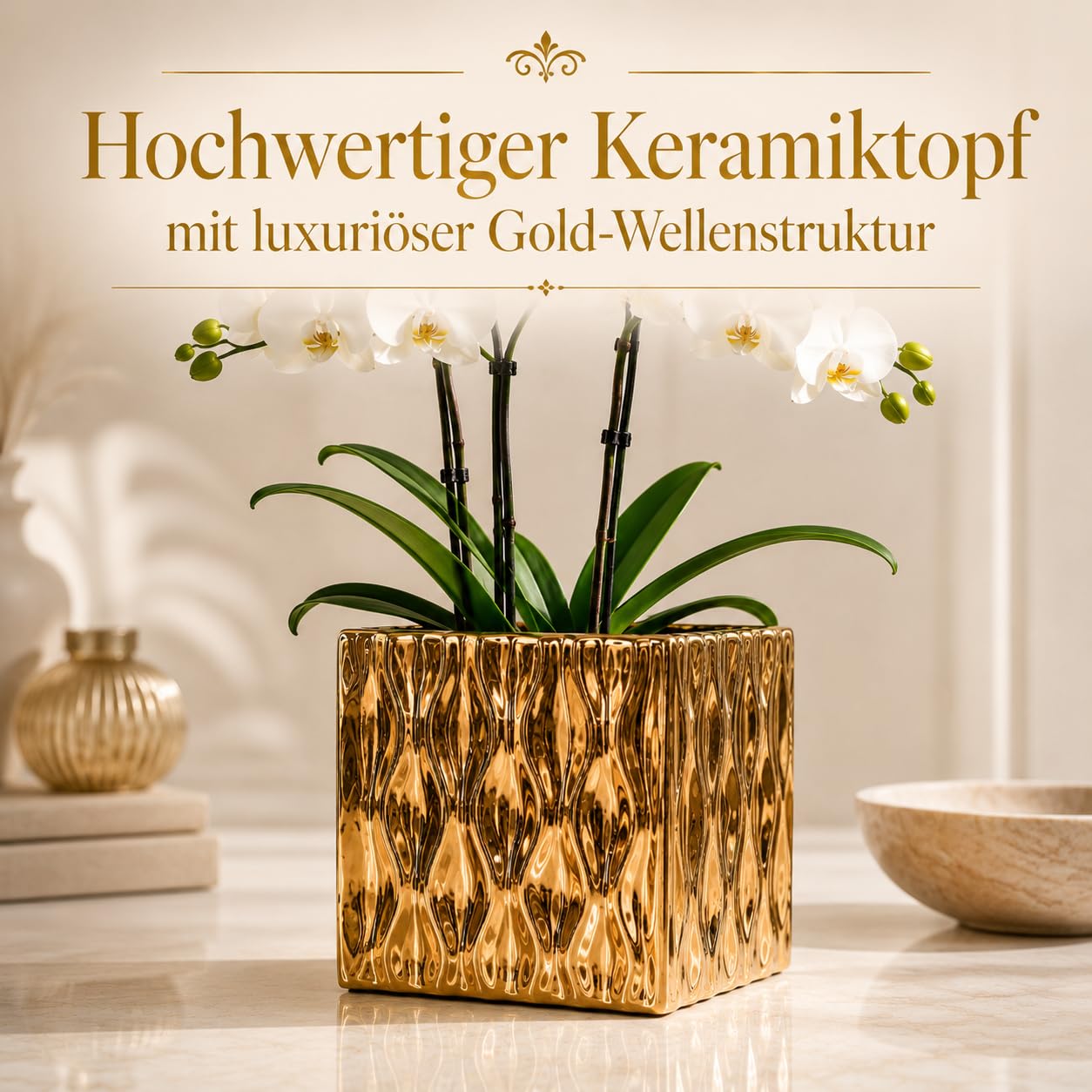 PASCH® Orchidées artificielles - Fleurs artificielles en pot - Fleurs artificielles semblables à de vraies - Orchidées artificielles en pot - Fleurs artificielles en pot (blanc/doré (65 cm)