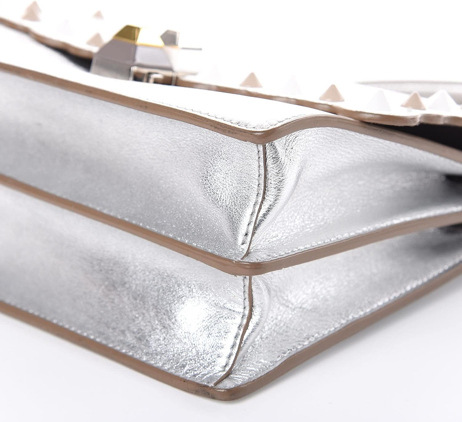 FENDI Kan I Metallic Silver Calfskin Leather Scalloped Studded Shoulder Bag Silver-Tone Hardware Push Clasp Closure Chain Strap Suede Interior 7.5" x 3.5" x 6" Made in Italy New