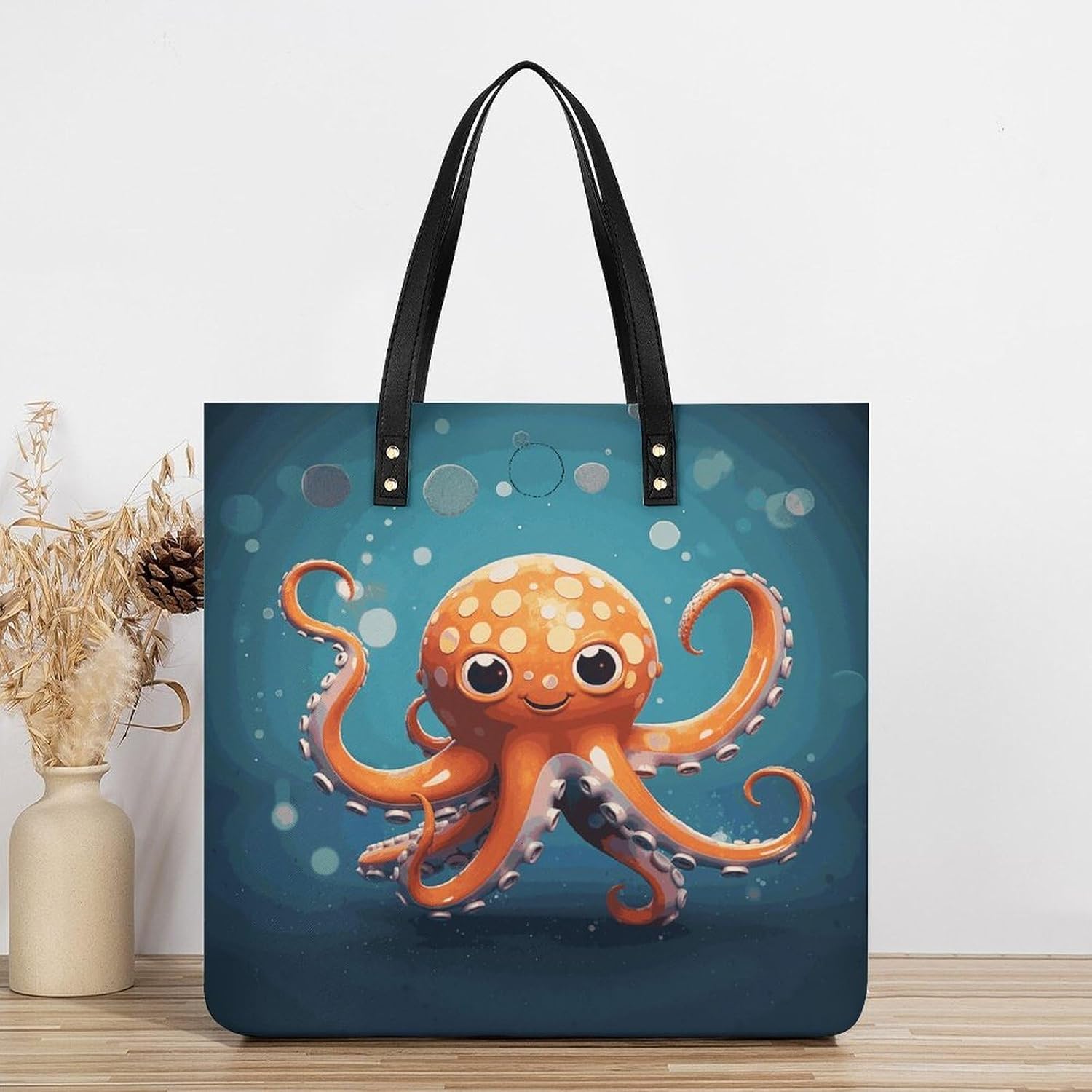 Cartoon Octopus Tote Bag with Magnetic Buckle Reusable Grocery Bags Lightweight Cross Body Handbag for Daily Essentials