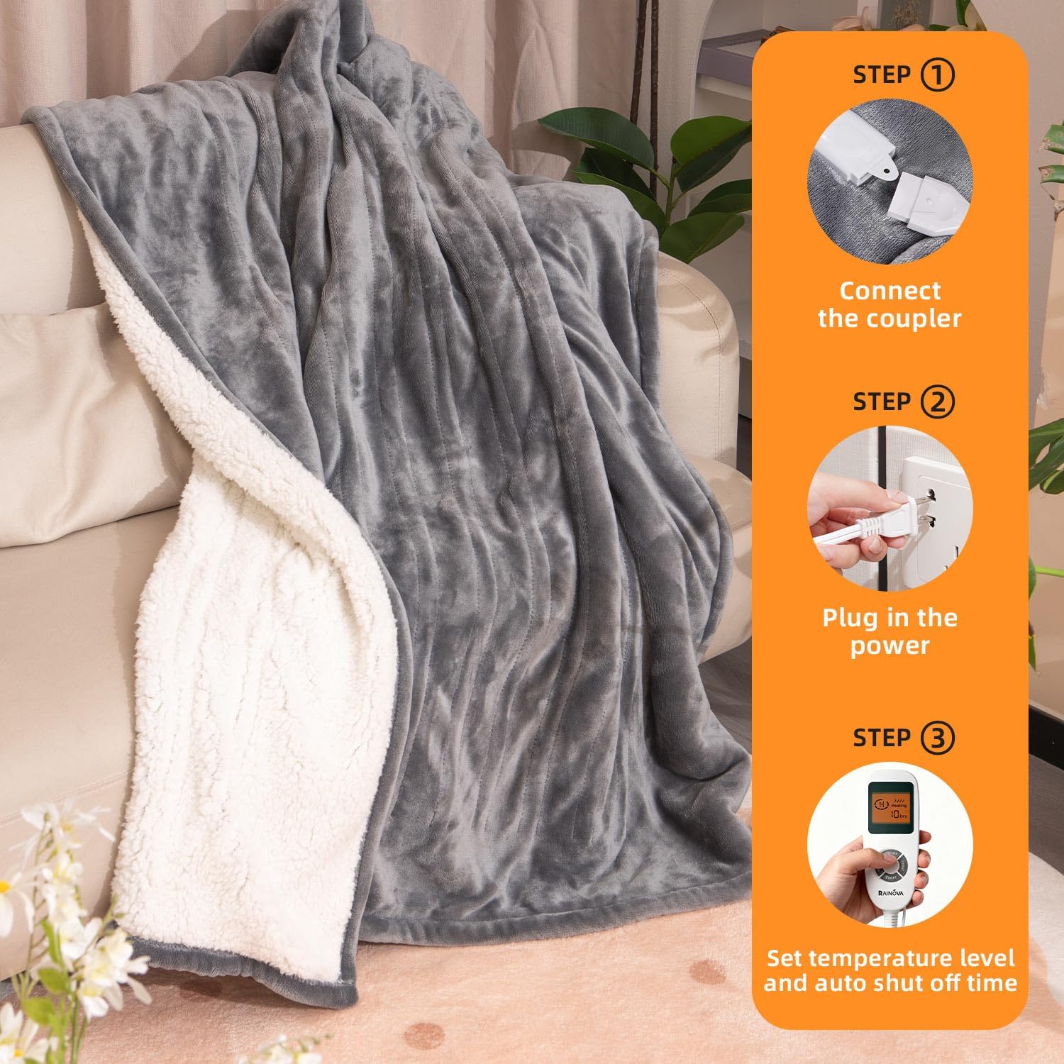 RAINOVA Heated Blanket, Electric Blanket-62''x84'', Soft Heating Blanket, 10-Level Heating, 10-Hour Auto-Off, Gifts for Parents and Elders, Gray, ETL & FCC Certified