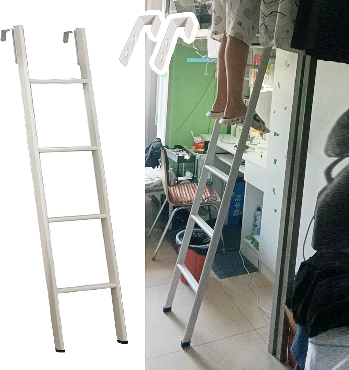Metal Bunk Bed Ladder with Hooks – 45" Slanted Loft Ladder for Dorms and Campers – Replacement Step Ladder in White Finish for Bunk Beds
