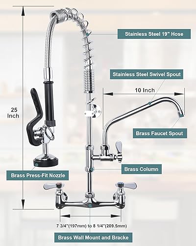 Miniatura 6 de Grifo comercial de 25 pulgadas de altura con rociador, centro ajustable de 8 pulgadas, boquilla giratoria de 9.6 pulgadas, grifo de fregadero de