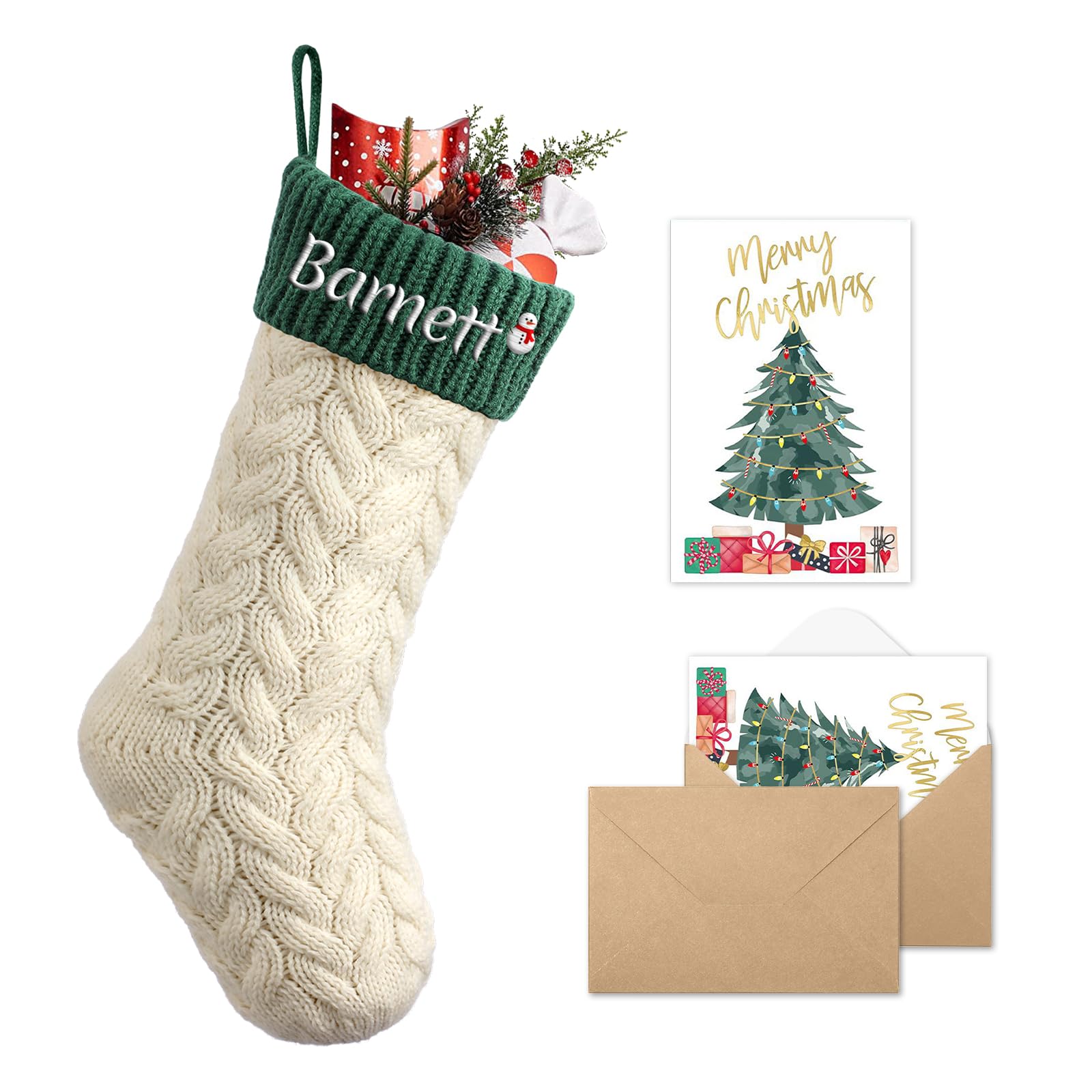 bolukets Personalised Christmas Stockings with Christmas Cards, 18" Large Knit Christmas Stocking Custom Embroidered Name Monogram for Family White Green