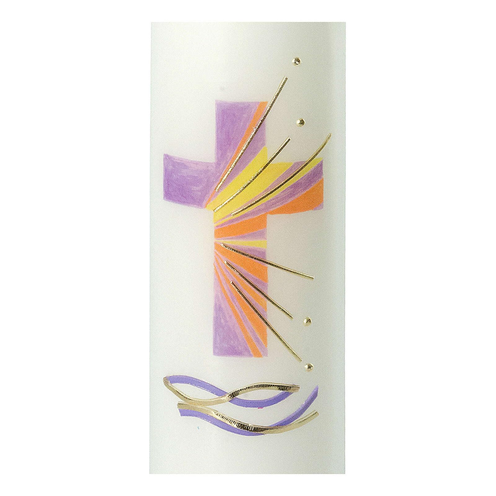 Holyart Świece, paschały, gromnice, świeczki: Świeca krzyż liliowy promienie, Chrzest, 265x60 mm