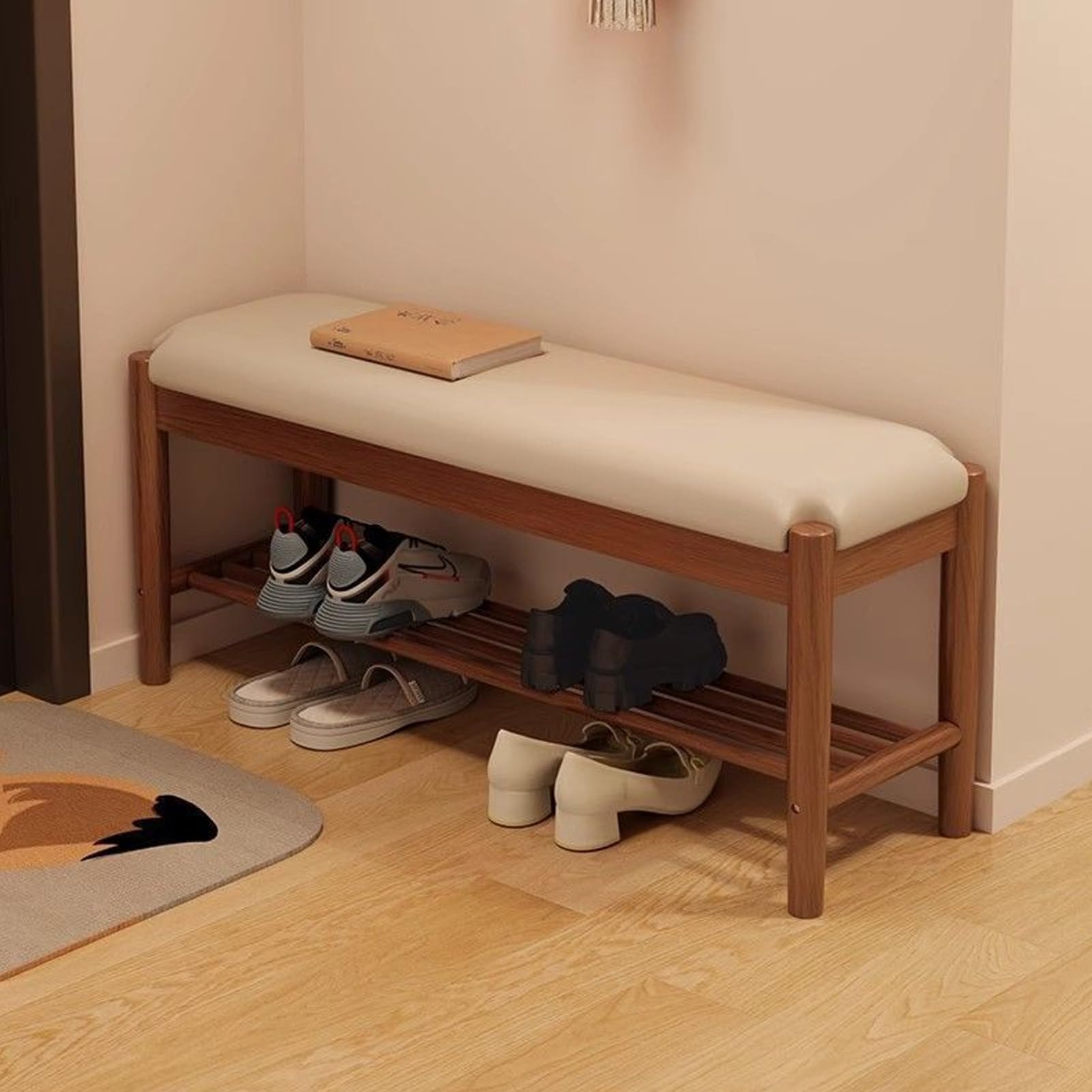 WJFTODAY Modern Shoe Rack and Entryway Bench with Padded Cushion Seat Wooden Frame High Elastic Sponge Stylish Shoe Storage for Hallway Living Room Bedroom 100cm/39.4in