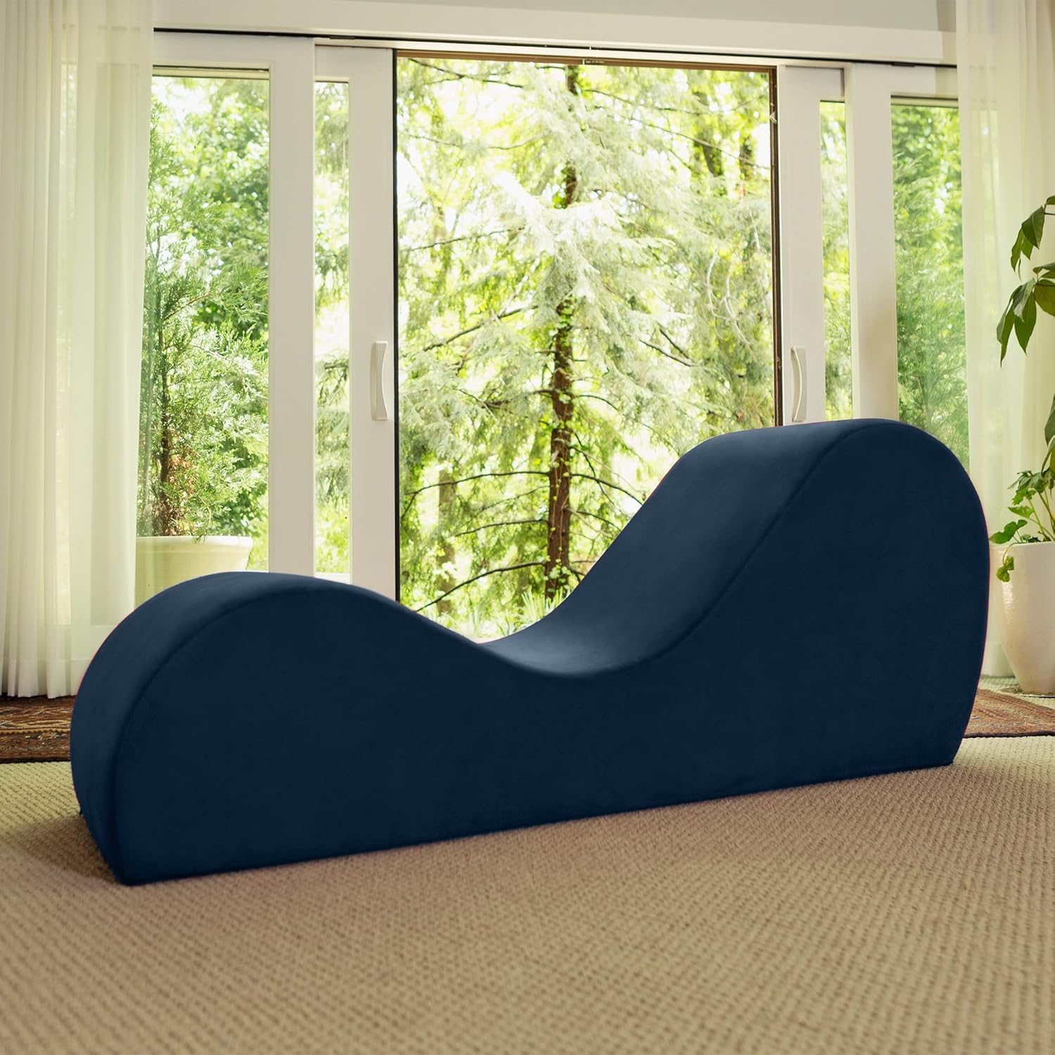 Velvet Curved Slide Back Supported Yoga Sofa Relaxing Chaise Lounge Modern Yoga Sofa for Yoga and More (Blue)-image-3