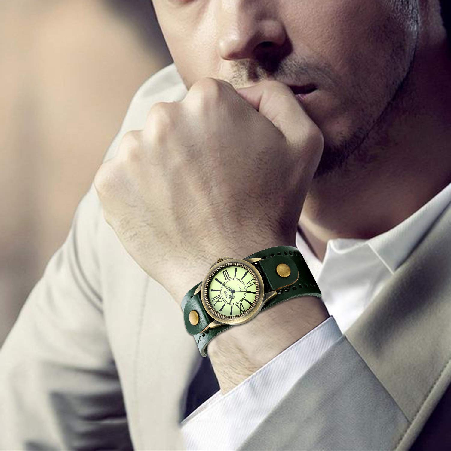 JewelryWe Vintage Leather Strap Wide Band Wristwatch Cuff Quartz Watch for Men - Navy (Army Green)