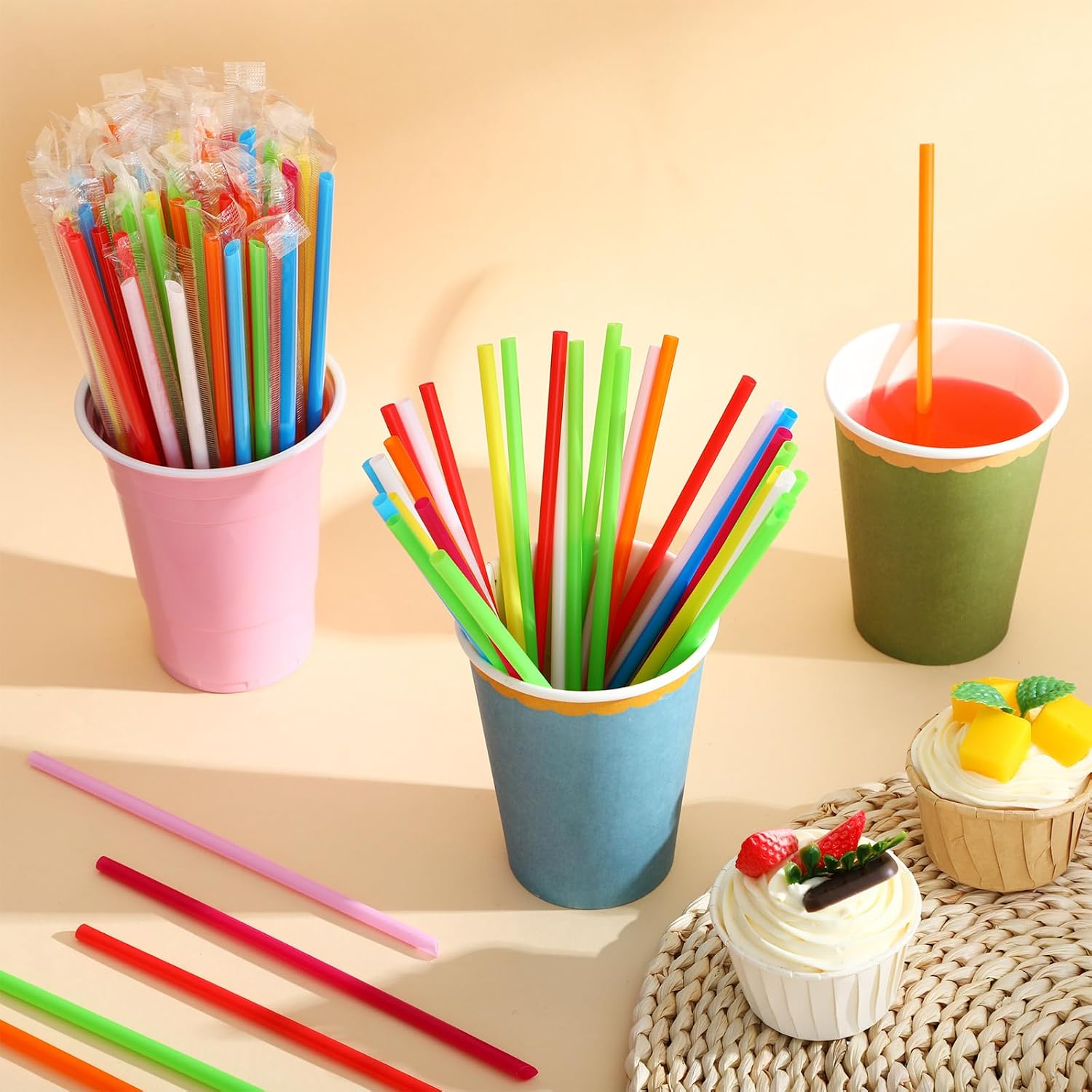 Potchen 3000 Pcs Multicolored Individually Wrapped Straws Bulk, 7.5 Inch Long 0.24 Inch Wide Disposable Plastic Straws for Party Restaurant Home Milkshakes Coffee Juice Drinks Beverage Smoothie