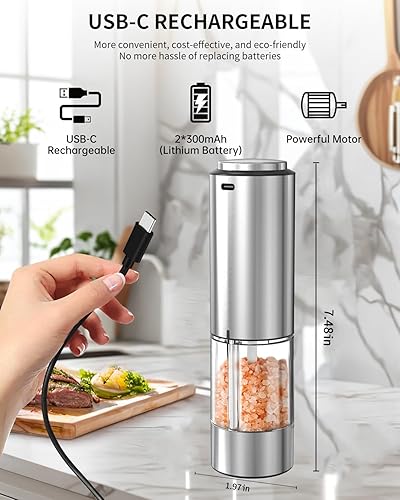 Miniatura 8 de CIRCLE JOY Juego de molinillo eléctrico recargable de sal y pimienta con base, molinos de pimienta de acero inoxidable con recipiente lavable de 3.2