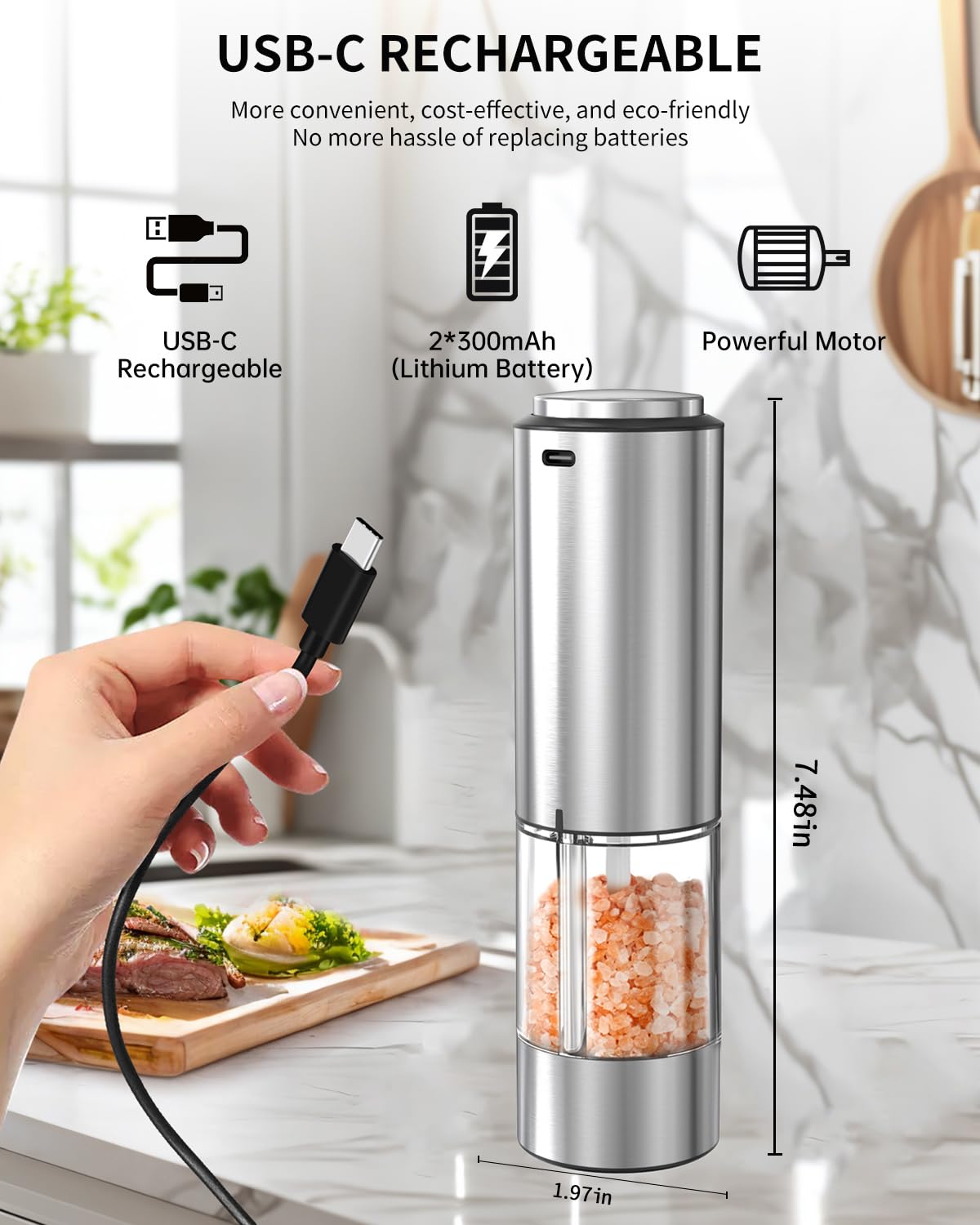 CIRCLE JOY Electric Pepper Grinder Stainless Steel Rechargeable Pepper Mill with Variable Grinding Speed - Image 4