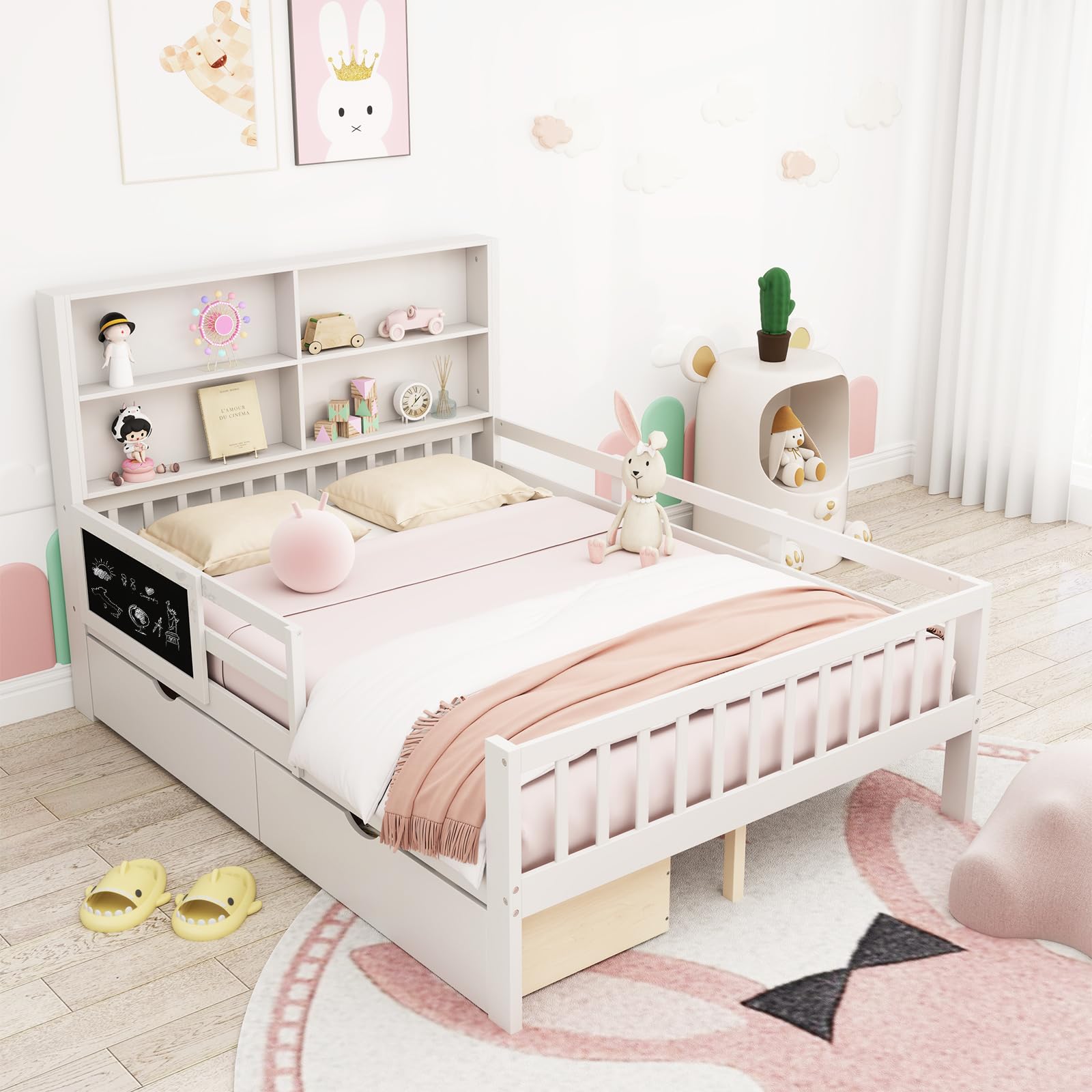 GIANTEX Kinderbett 140x200 cm mit Bücherregal & Tafel, Doppelbett mit Stauraum, Jugendbett mit 2 Schubladen, Plattformbett Bettgestell mit Rausfallschutz & Lattenrost, Holzbett für Kinder, Weiß