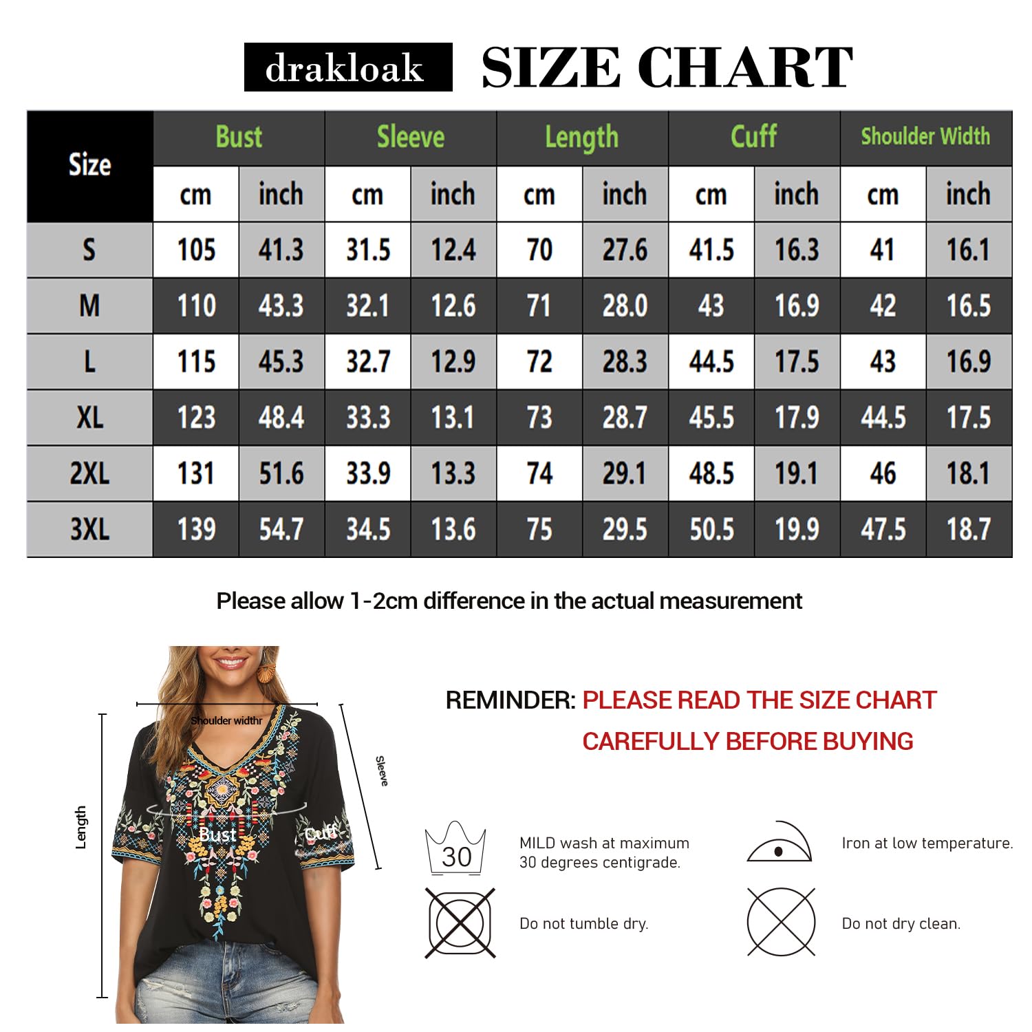 Draklook Donne Camicetta da Ricamo Bohemian Autunno Tunica Ricamo Folklore Tops Camicia Scollo a V Estate Tunica Camicette Boho Hippie Manica Corta Loose Top