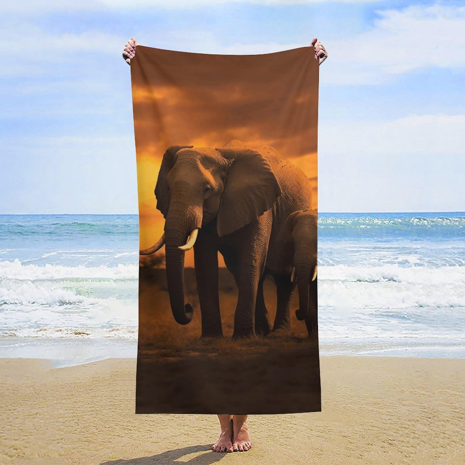 NTVOWPZO Sunset Parent-Child Elephant Beach Towel Oversized Microfiber Bath Towels Lightweight Sand Proof Beach Towels Absorbent Pool Towels for Swimming Yoga Bathroom Towel 31.5" X 63"