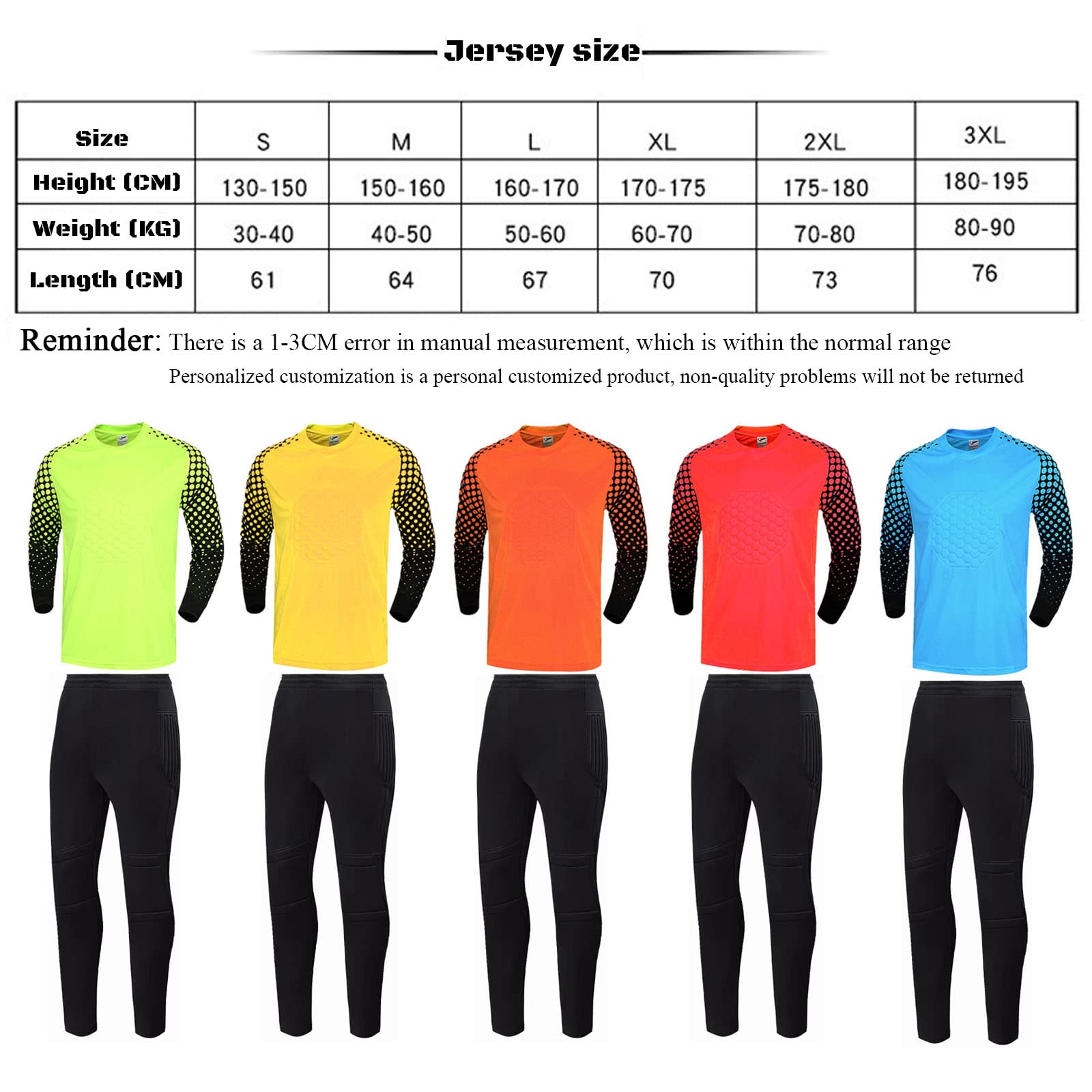 Kit de Camiseta de Portero de fútbol para Hombre, Camiseta de fútbol de Portero Acolchada para niños con número de Nombre, Logotipo del Equipo para niños y Adultos