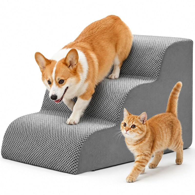 Escada curva para gatos e cães pequenos DUMOS em espuma de alta densidade, 3 degraus Cinza