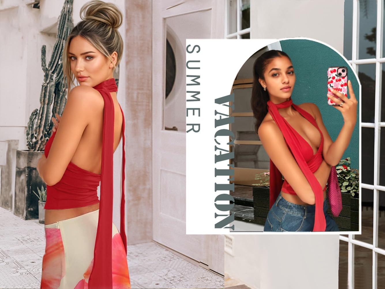 Lancifolium Halter Scarf Tops for Women Trending Sleeveless Plunge Neckline Cropped Tank Double Lined Outfits - Image 4