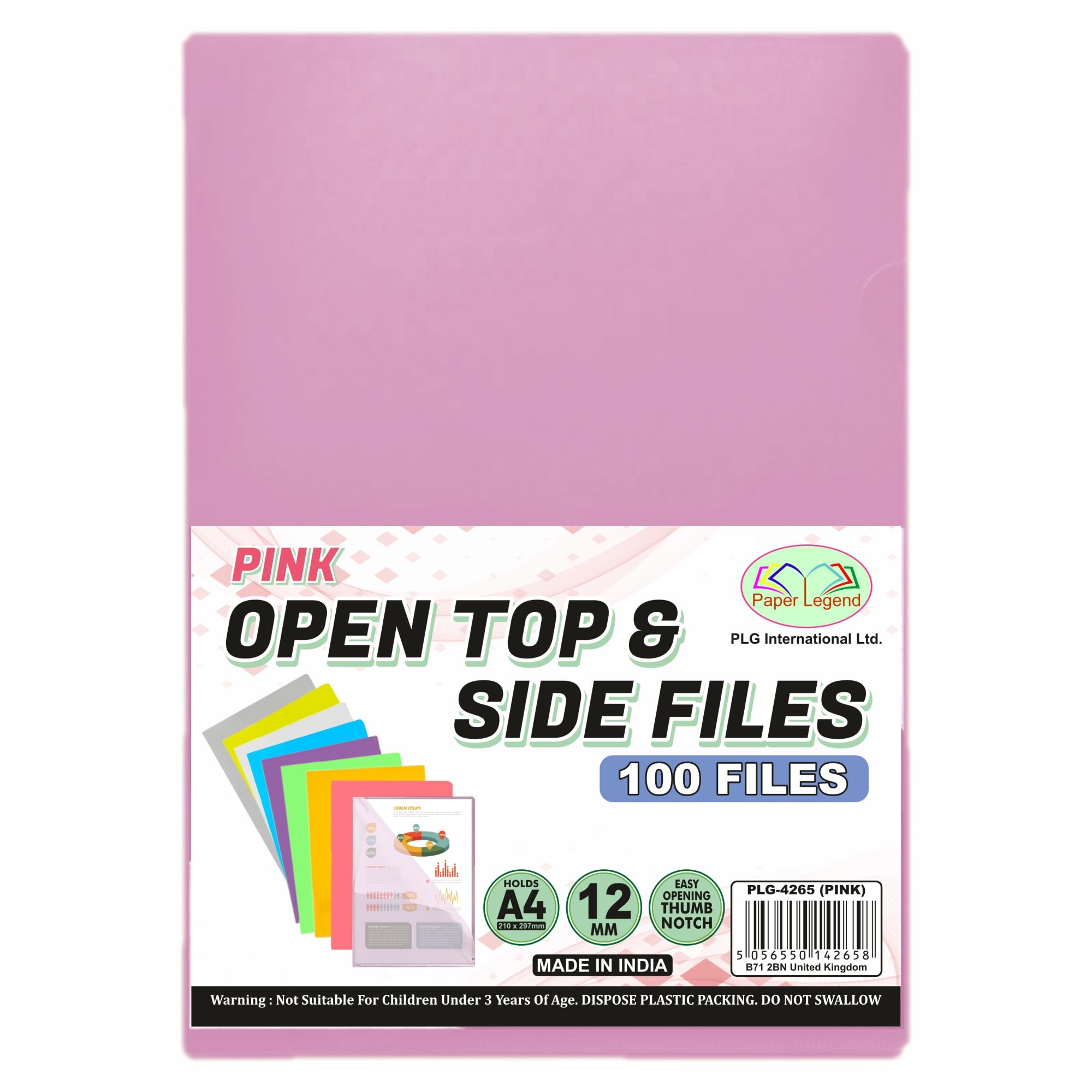 (100 Pcs) A4 Cut Flush - Open Top & Side Files L Type Folder to Protect Files 12mm Transparent Plastic Wallet Sleeves Gloss & Plain Project Presentation Cover Thumb Notch for Paper Storage (Pink)