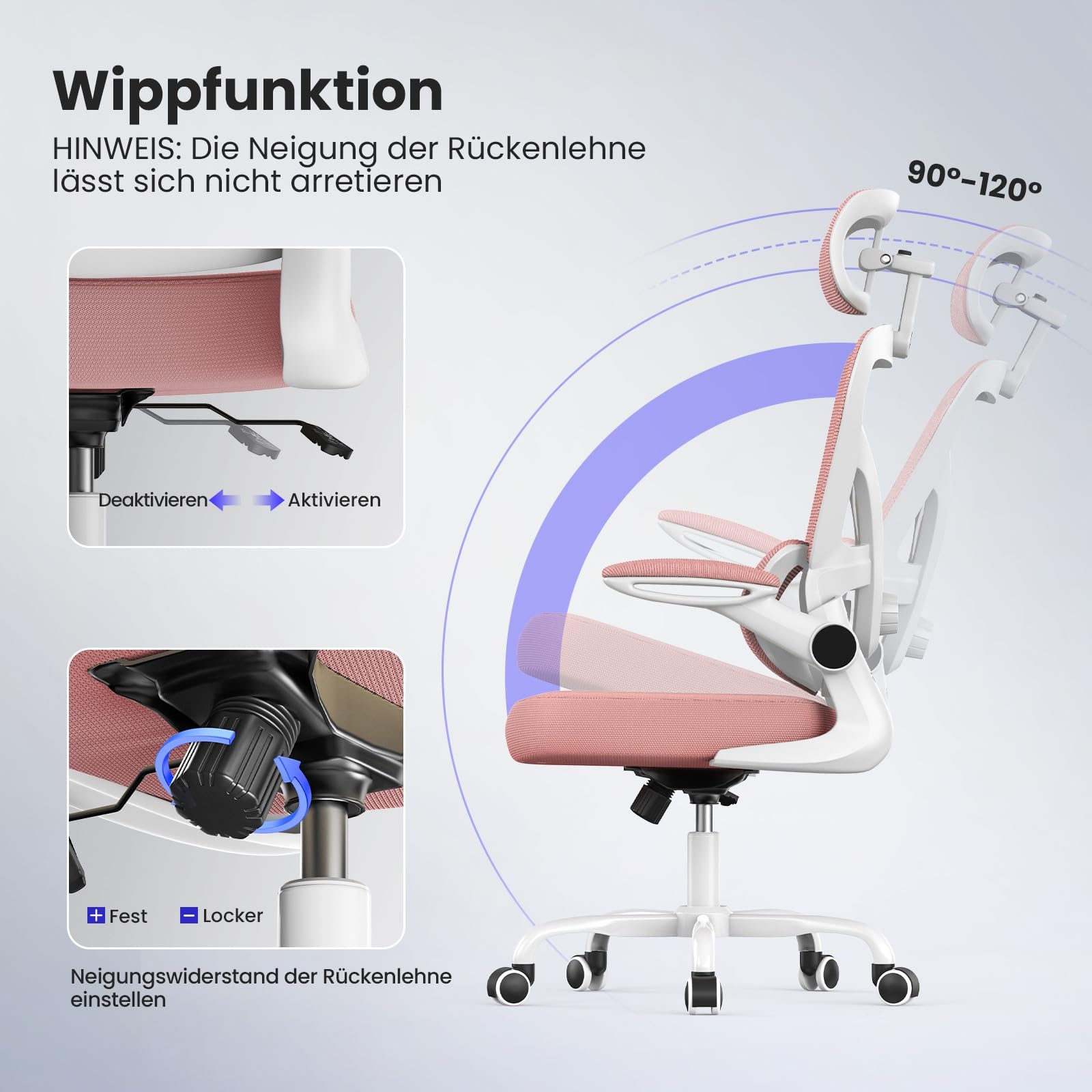 naspaluro Bürostuhl, Ergonomischer Schreibtischstuhl, 110kg, Rosa | Netzbespannung, 3D-Verstellbare Kopfstütze, Lendenwirbelstütze, 90°-Armlehne, Wippfunktion, für Home Office, Büro & Studenten