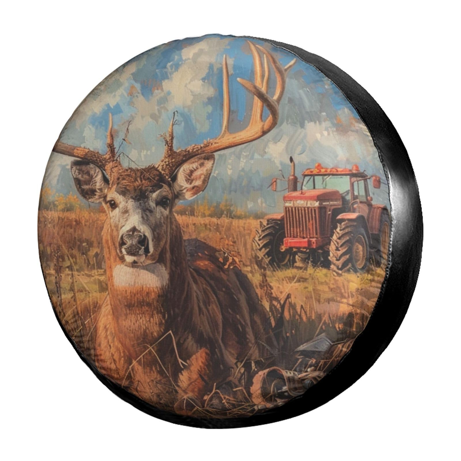 Dujiea Deer with Tractor Spare Tire Cover, Universal Wheel Tire Cover Waterproof Dust-Proof Tire Protectors for Trailer Rv SUV Truck Camper and Many Vehicle 14 15 16 17 Inch