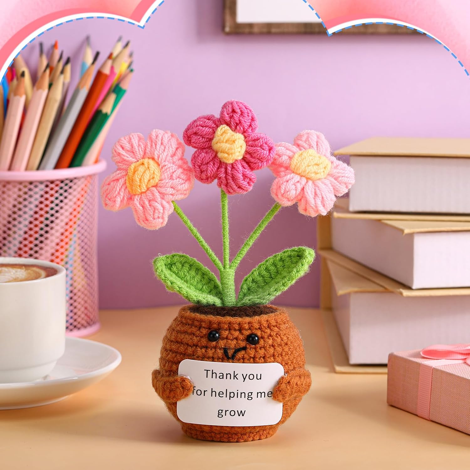 Valentine's Day Teacher Appreciation Gifts Thank You for Helping Me Grow Handmade Crochet Flower Doll with Card for Teacher Graduation Gifts Office Decor(Puff Flower) - Image 3