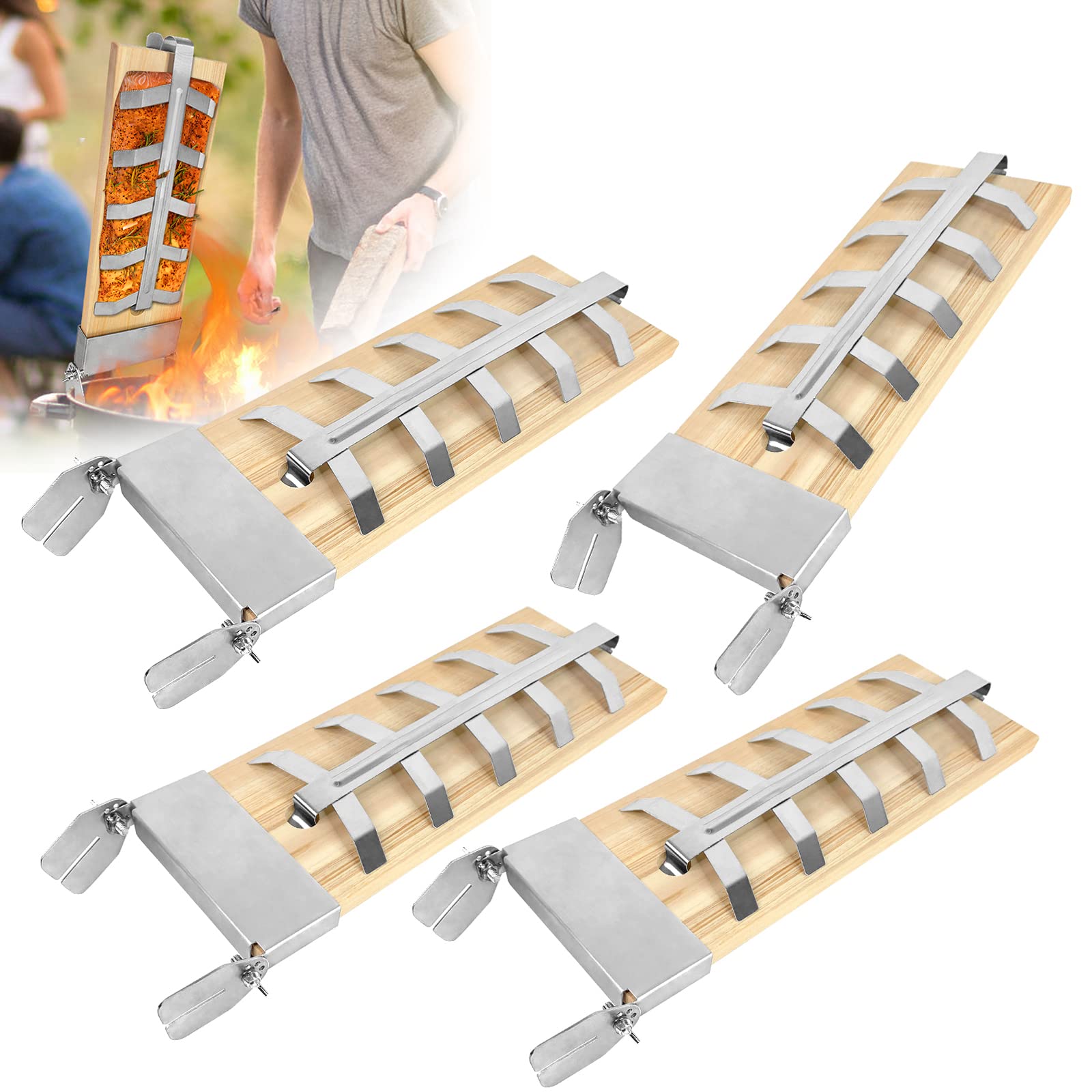 4X Planche à Saumon Flammé en Hêtre avec Support pour Griller Planche en Bois de Cèdre 5 Niveaux réglable pour Brasero, Grill