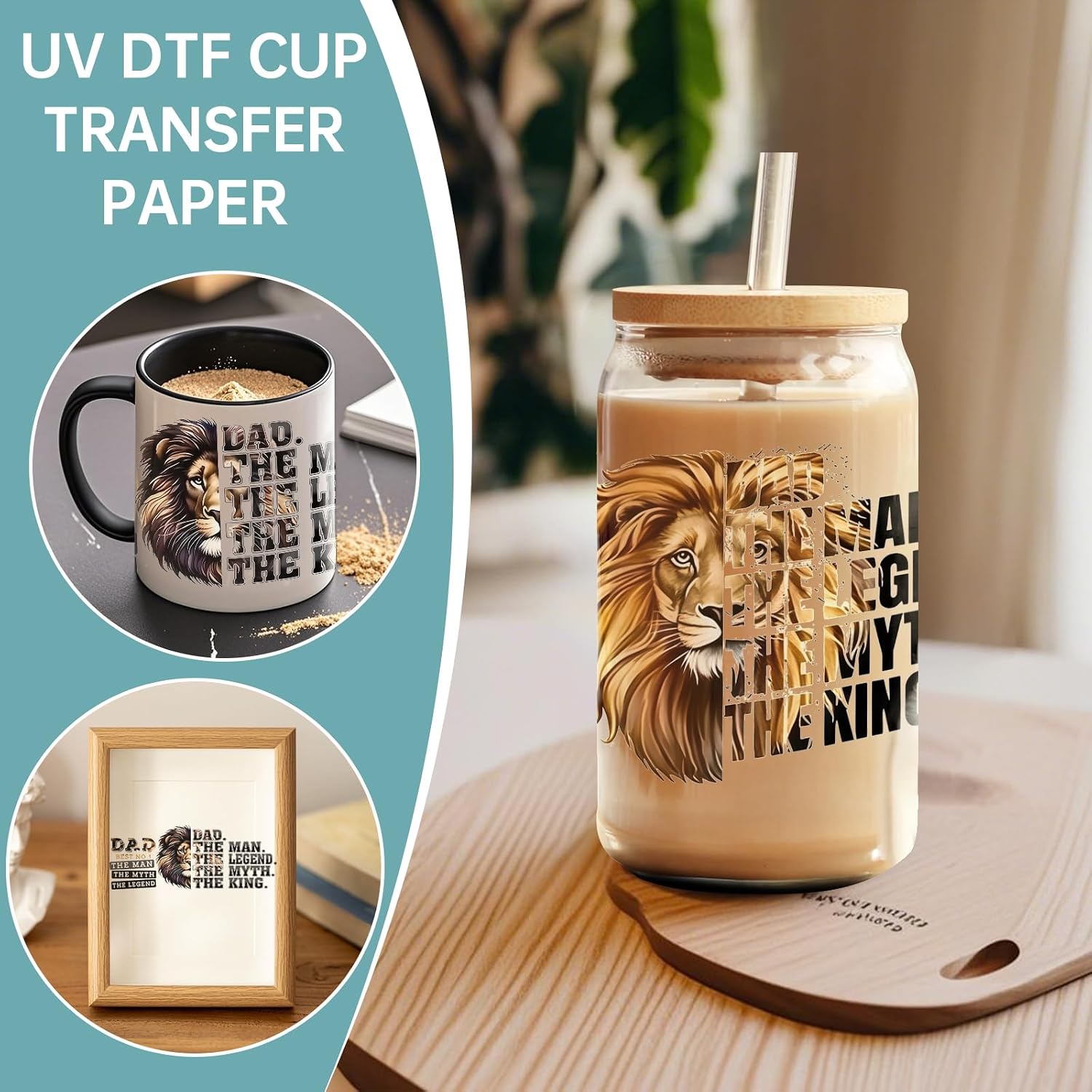 4 Sheets 16oz UV DTF Cup Wrap - Removable - DIY UV DTF Transfer Papers for Mug Cups,Notebook - Easy-Peel UV DTF Transfers for Smooth Surfaces (Lion)
