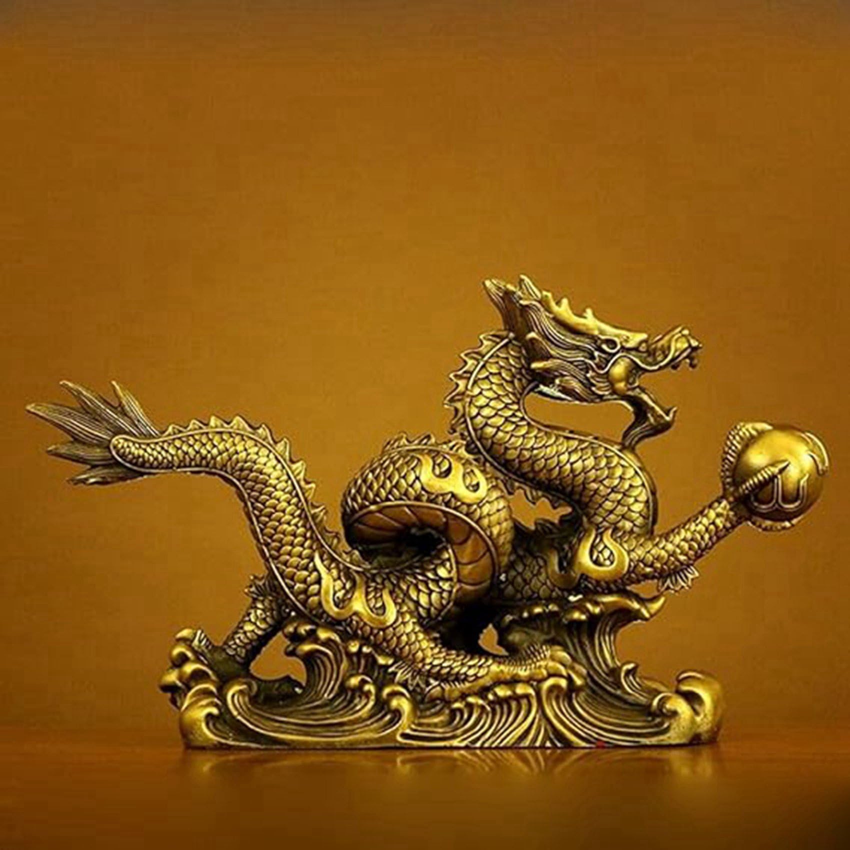 Qarmijaer Brass Chinese Feng Shui Dragon Statue Decor for Wealth and Success Good Lucky Gifts, Gold Yellow - Image 4