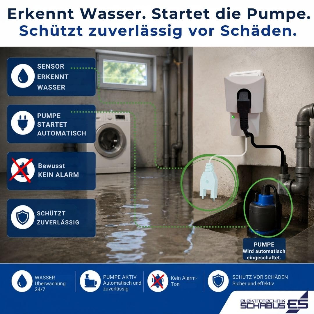 Schabus SHT 218 Wassermelder zur Pumpensteuerung ohne Akustik. Schaltet angeschlossene Pumpe bei Wasserkontakt EIN und nach einstellbarer Nachlaufzeit und Abtrocknen des Sensors wieder AUS.