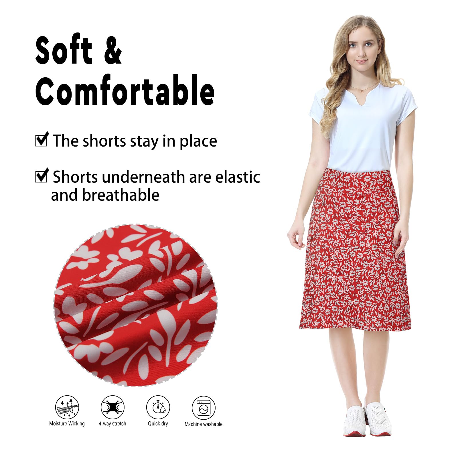 beroy Jupe-Short mi-Longue pour Femme avec 3 Poches, Jupes modestes pour Femme, Longueur Genou de 61 cm, Motif Floral Rouge et Blanc., Taille L