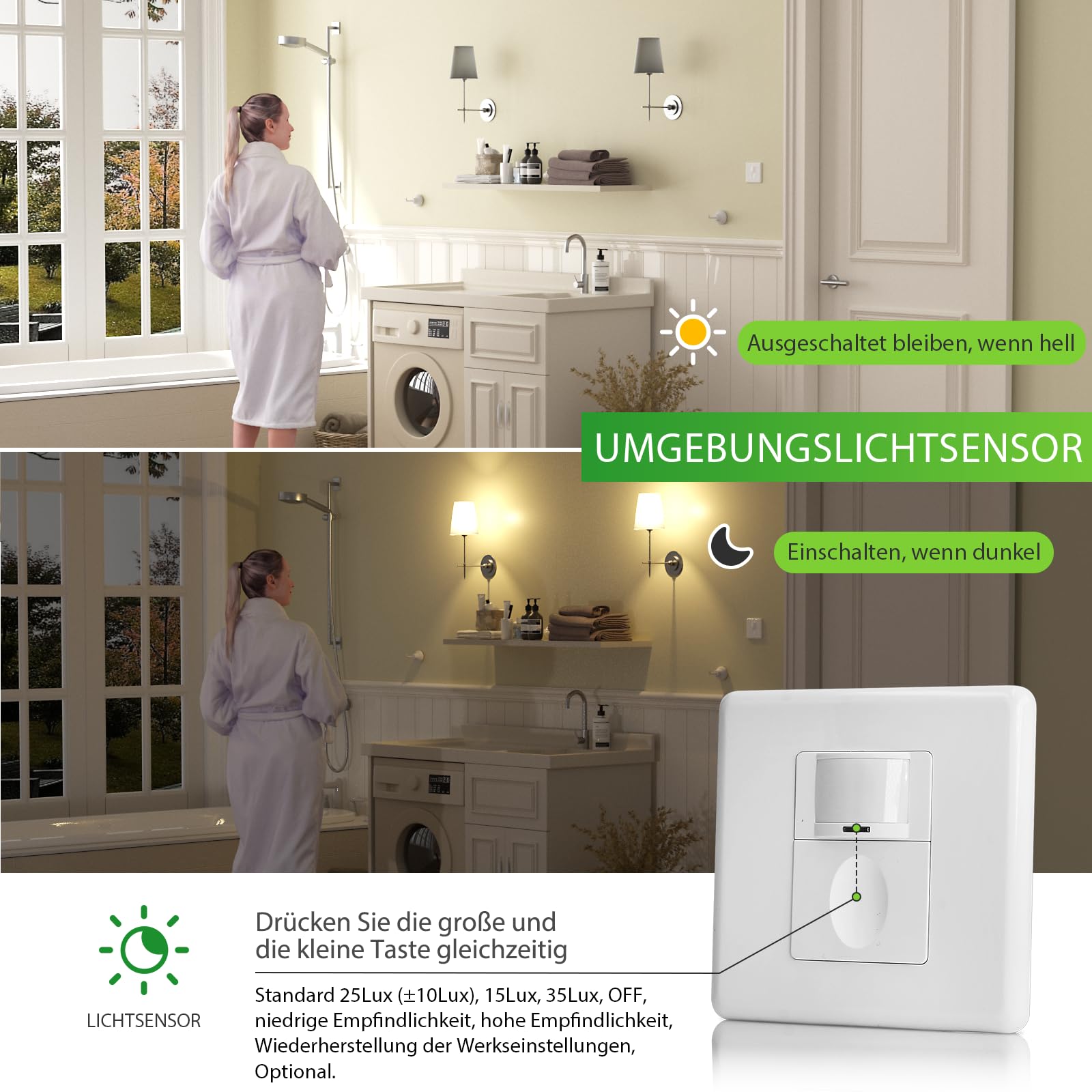 Sensky Sensore di movimento interno con 3 modalità, mini rilevatore di presenza da incasso con funzionamento a bottone, sensore di luce a 3 fili, 230 V/10 A, bianco, sensore di movimento per corridoio