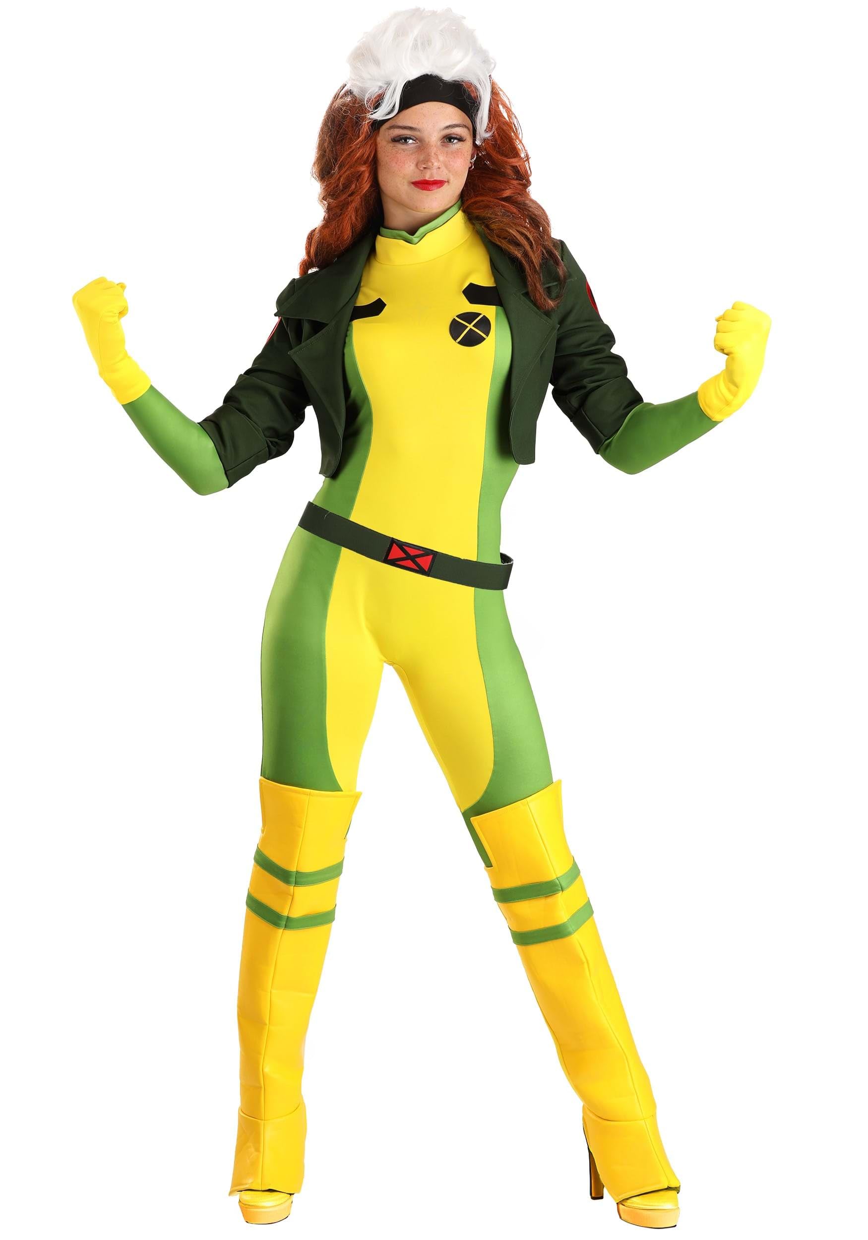 Jazwares Marvel Women's Premium X-Men Rogue Costume - Classic Animated Series Yellow & Green Bodysuit w/Jacket, Multi, Medium