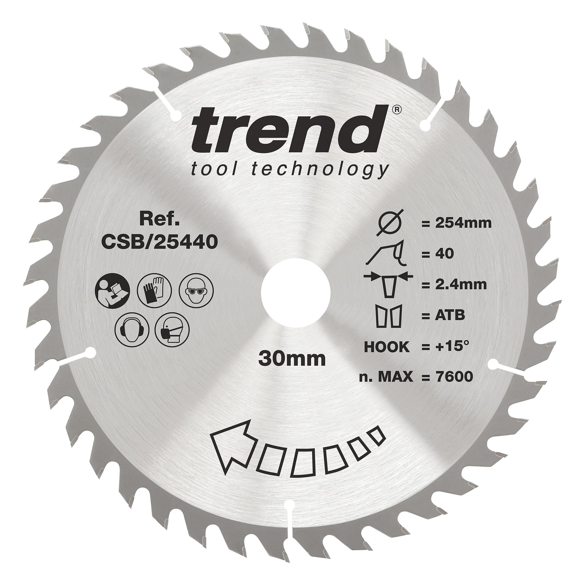 Trend Wood Circular Saw Blade, 254mm Diameter, 30mm Bore, 40 Teeth, 2.4mm Kerf, +15° Hook, TCT, Medium Finish, CSB/25440