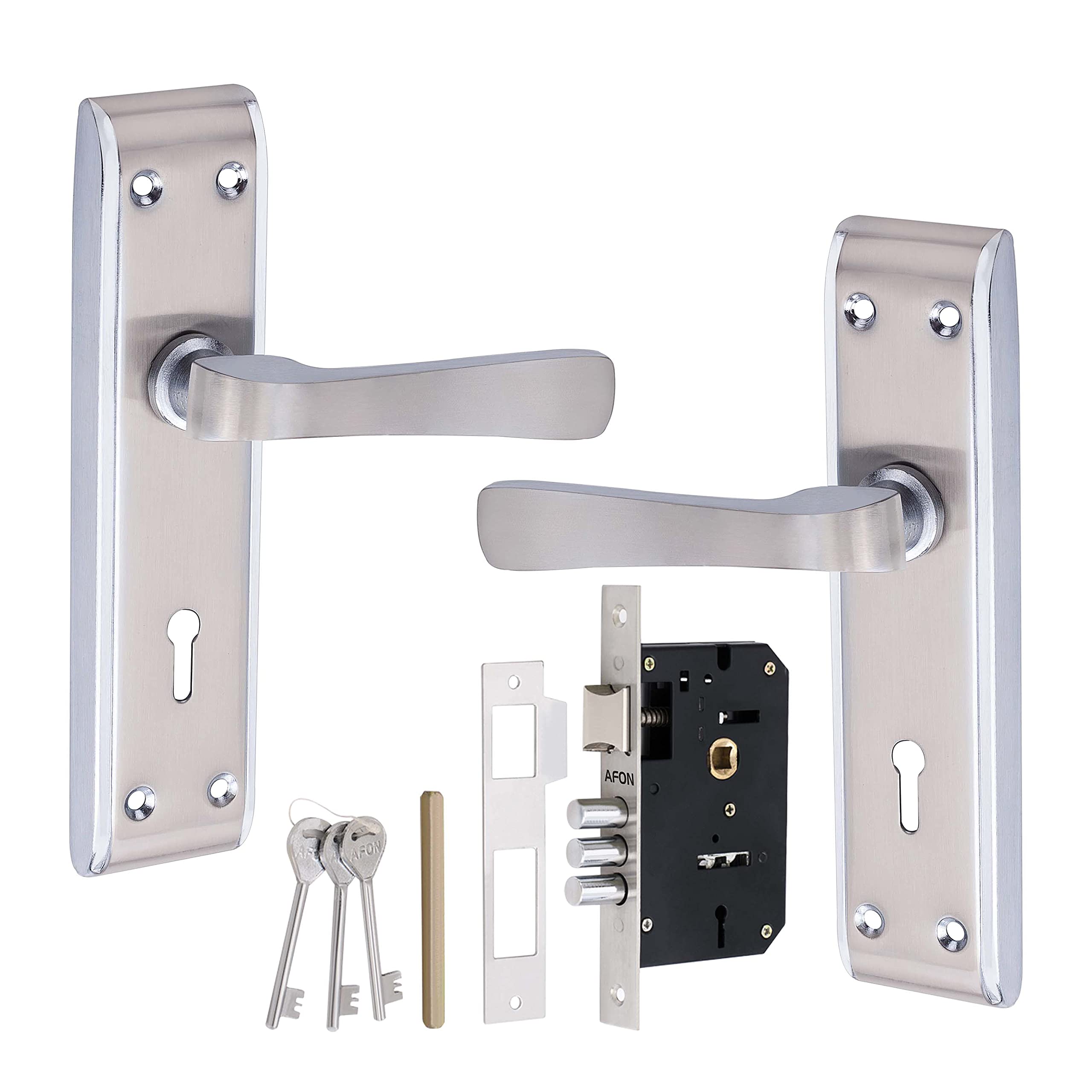 AFON 7 inches Mortise Iron Handle Set with Lock Body | Silver Satin Finish | 3 Keys | 6 Lever 70 mm Double Turn Bullet Lock Set for Door, (MH-PC331-KY-CPMATT)