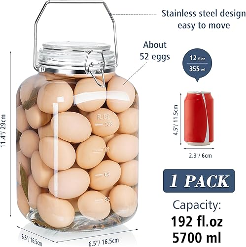 Miniatura 4 de Folinstall Tarro de vidrio de 1.5 galones con tapa hermética, tarros cuadrados de boca ancha con mango de acero inoxidable, grandes recipientes de