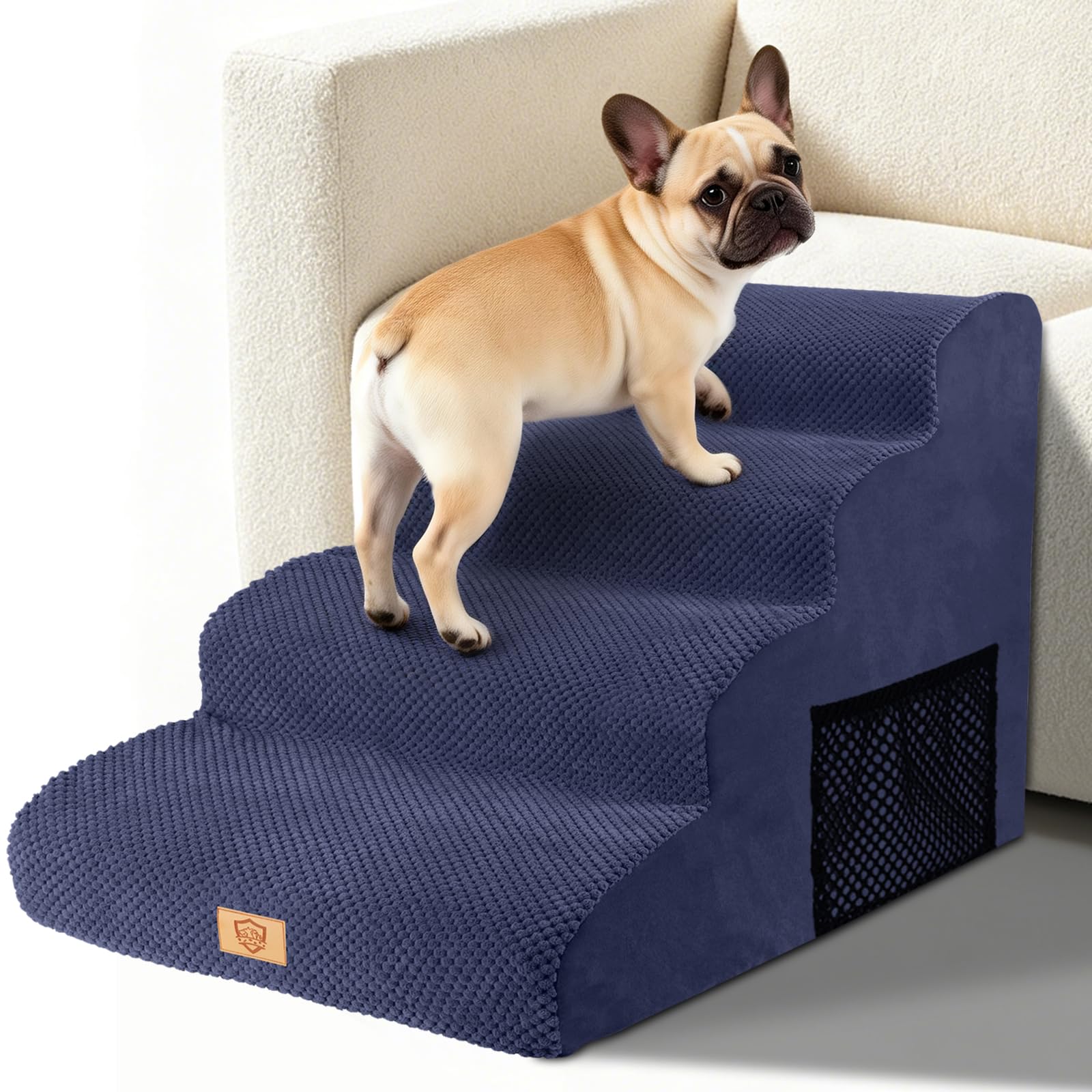 MASTERTOP Scale per Cani 4 Gradini Alte, Scala Schiuma Antiscivolo per Animali Domestici, Scalini Alta per Letto Rialzato e Divano con Copertura Rimovibile e Lavabile (Blu Navy)