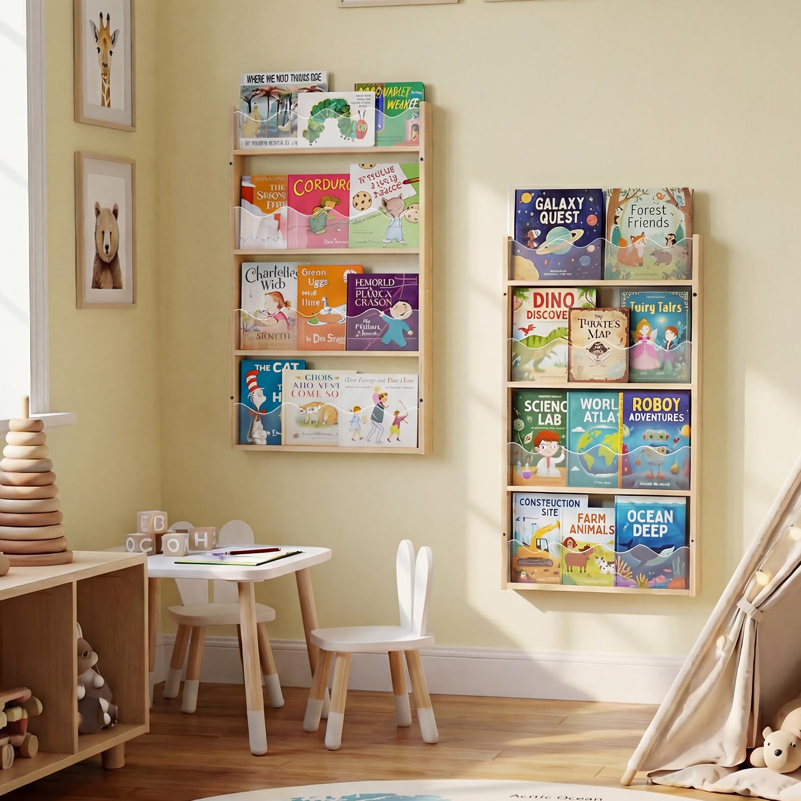 Étagère Murale 4 Niveaux Chambre d'enfant Bois & Acrylique - Étagère à Livres Flottante Chambre Bébé, Étagère Montessori Murale, Rangement Livres Enfant, Organisateur de Jouets & Livres