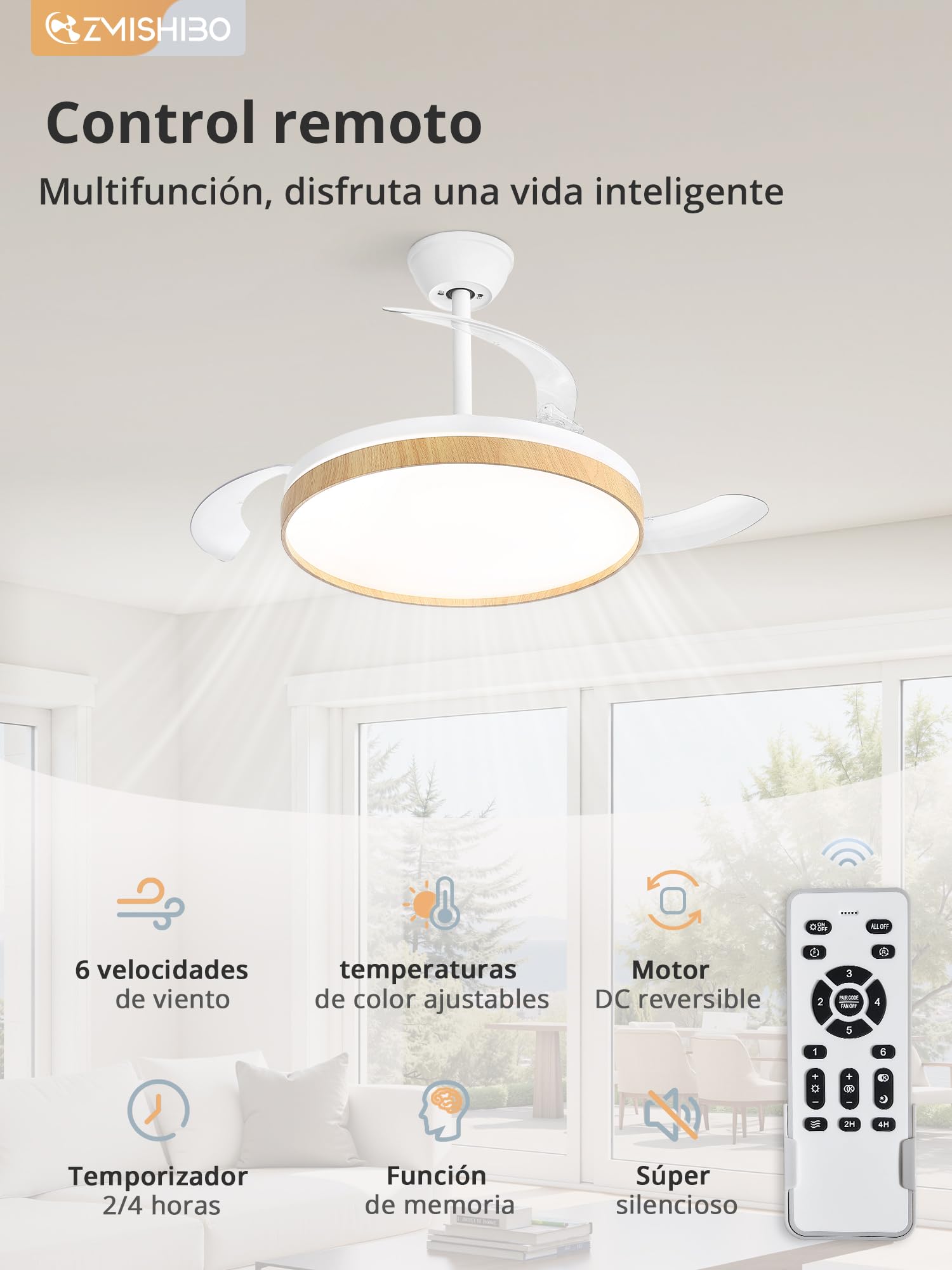 ZMISHIBO Ventilatore da soffitto con luce 106 cm, ali invisibili, CCT 3000 K – 6500 K, funzione estiva e invernale, motore DC 30 W + LED 38 W, 6 velocità, silenzioso, timer 2 h/4 h, legno chiaro