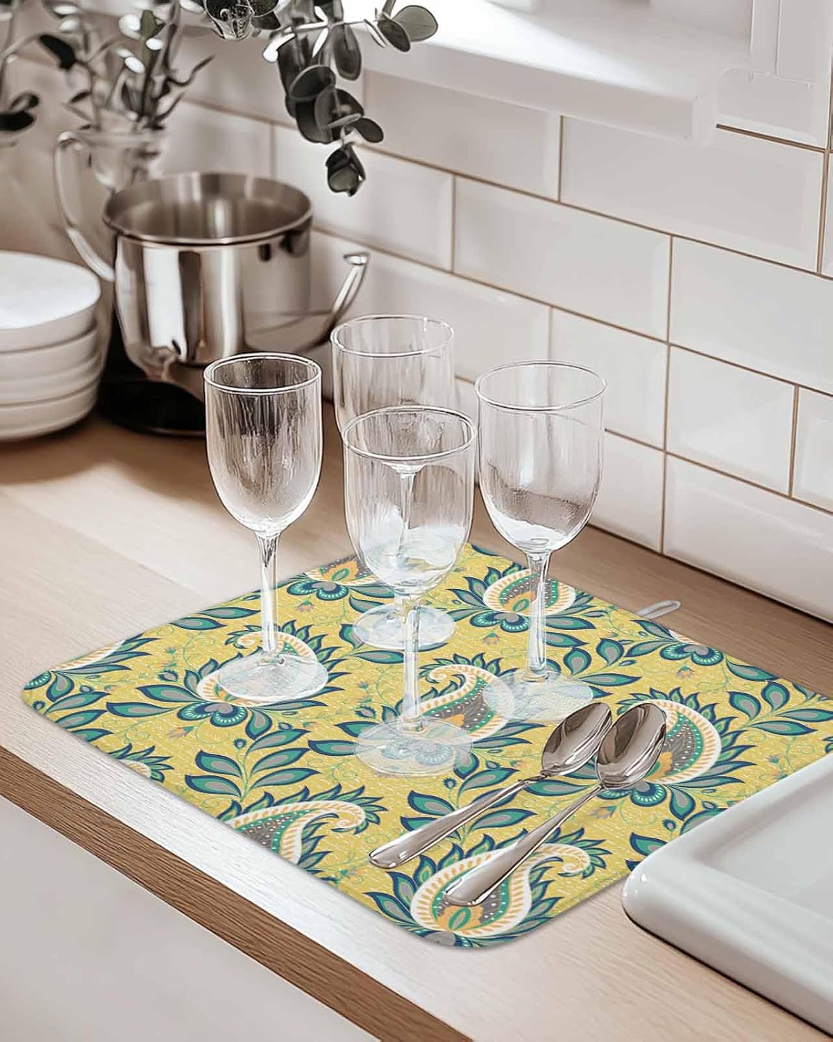 Dish Drying Mat for Kitchen Counter,Vintage Ethnic Cashew Flower Absorbent Microfiber Drainer Rack Pad Abstract Floral on Yellow Quick Dry Mat for Sinks Dishes Utensils 18x24in,2 Pack