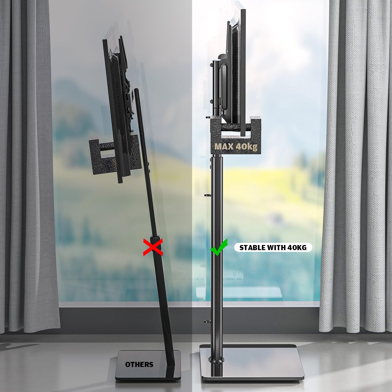 Soporte TV Pie, Mueble Soporte TV Suelo con Giratorio de 80°y Altura Ajustable, Poco Espacio para TV, LCD, LED, OLED de 27 a 65 Pulgadas, VESA MAX de 400X400 mm
