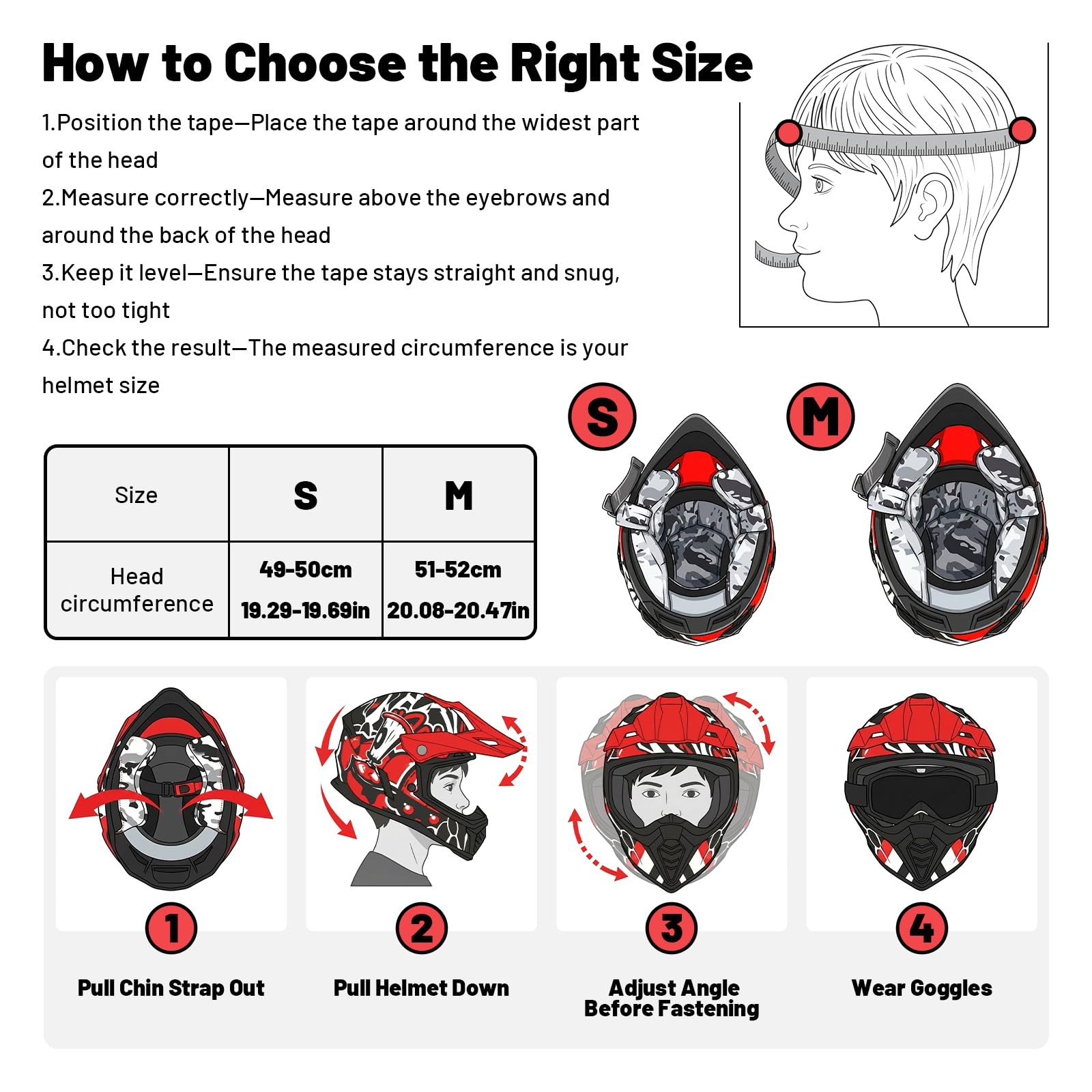 Favoto Casco Cross per Bambini con Occhiali di Protezione – Resistente agli Urti, Certificato ECE 22.06, Casco da Motocross e Dirt Bike, Rosso-Nero S (49–50 cm)