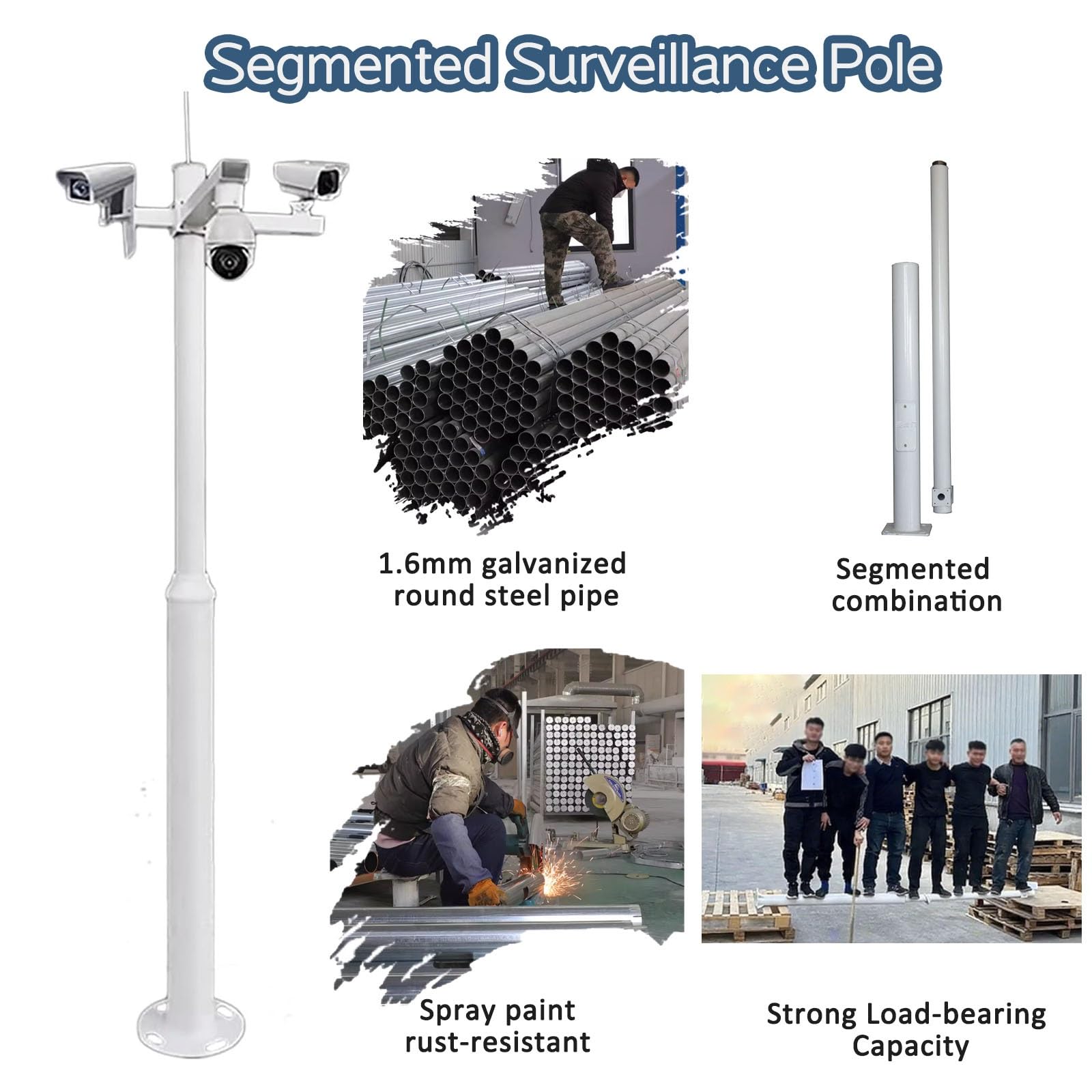 Generisch CCTV-Sicherheitsstangen, Metall-Überwachungskamerastange mit Montagehalterung, Schwarze Überwachungsstange für Wohn- und Fabrikgebrauch, Höhe 350 cm/11,4 Fuß