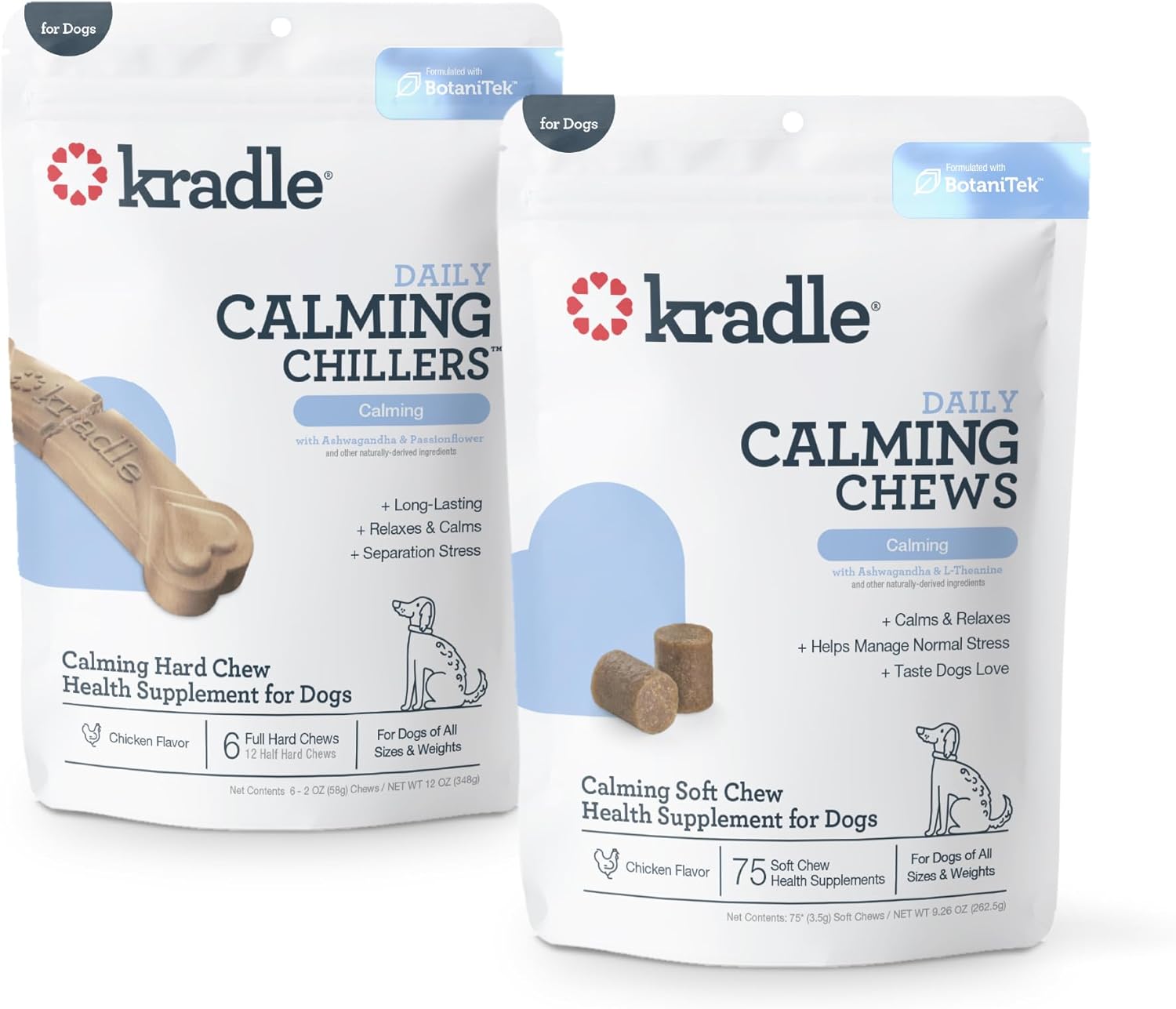 Kradle Calming Bundle for Dogs - Chillers Hard Chews (6) + Soft Chews (75) - Chicken Flavor - Ashwagandha L-Theanine GABA