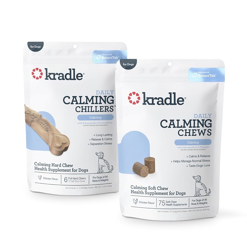 Suplemento para cães Kradle com mastigáveis de diferentes texturas, sabor frango, 75 mastigáveis e 6 Chillers