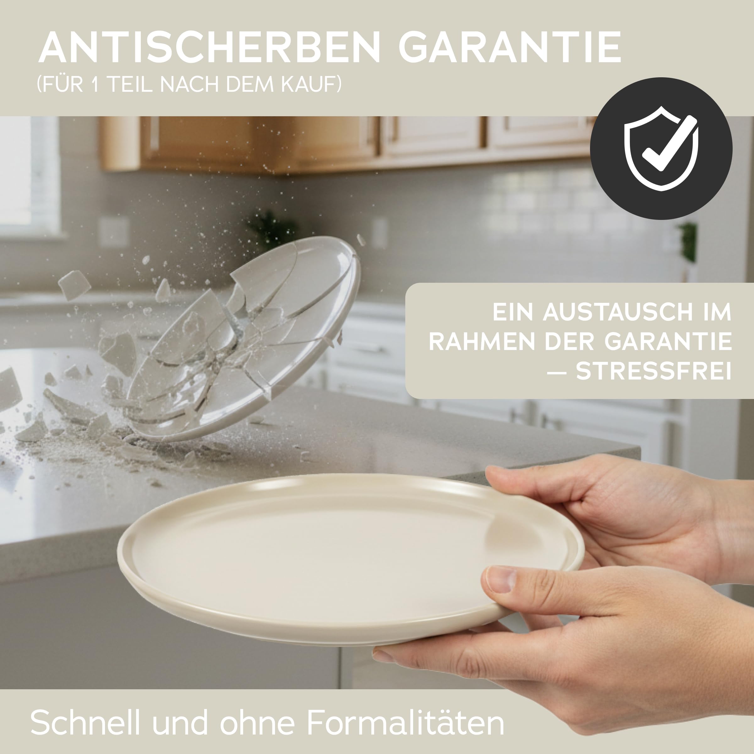 Feinsteinzeug Geschirr Set für 6 Personen, 18 Teile — massiver und kratzfester als Steingut Teller Set und Schüsseln, beige glanz | Tafelgeschirr je 6 Speiseteller, Kuchenteller & Schalen - Magnetiks