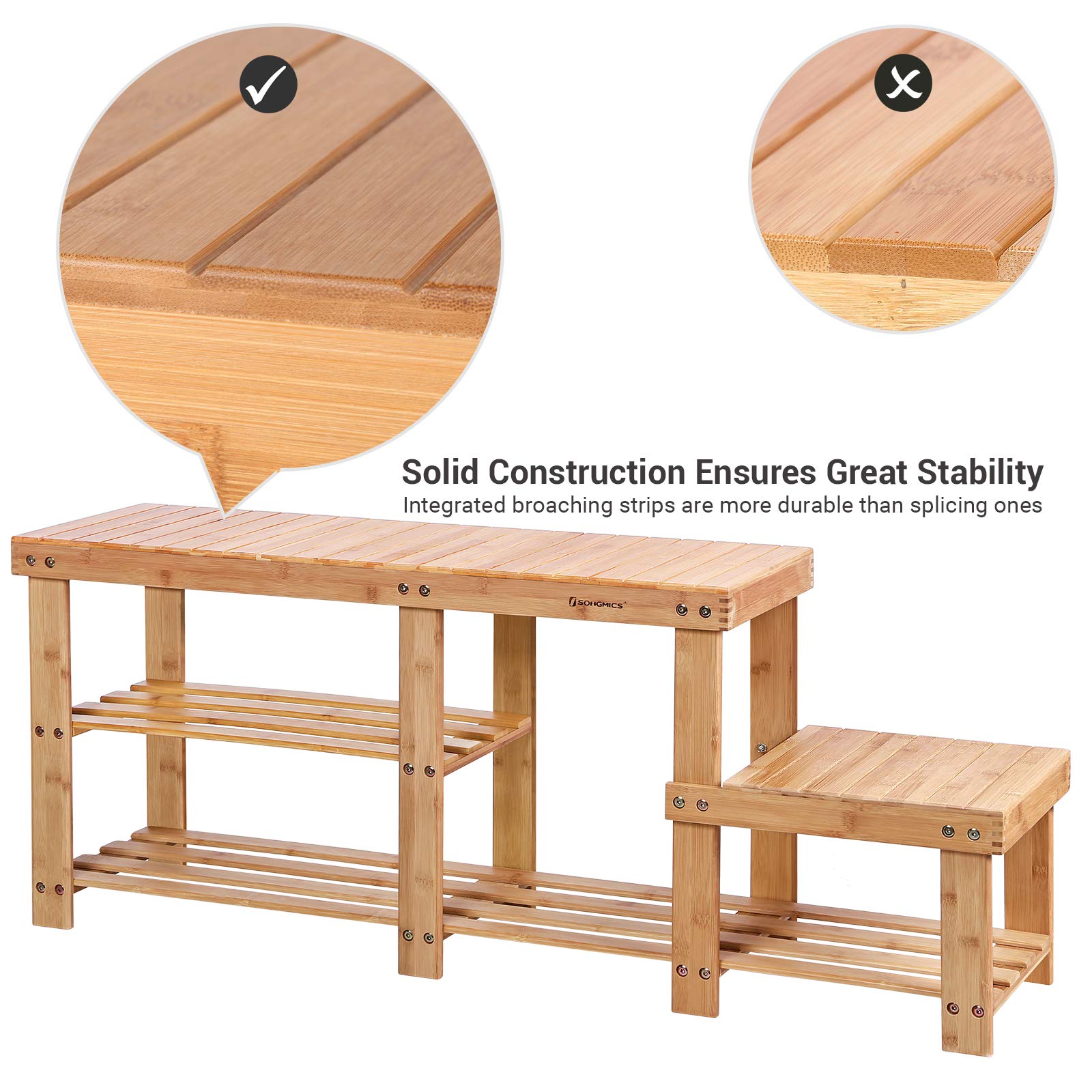 SONGMICS 2-Tier Shoe Bench Boot Organizing Rack Entryway Storage Shelf with High and Low Levels for Adult and Child Bamboo LBS120N